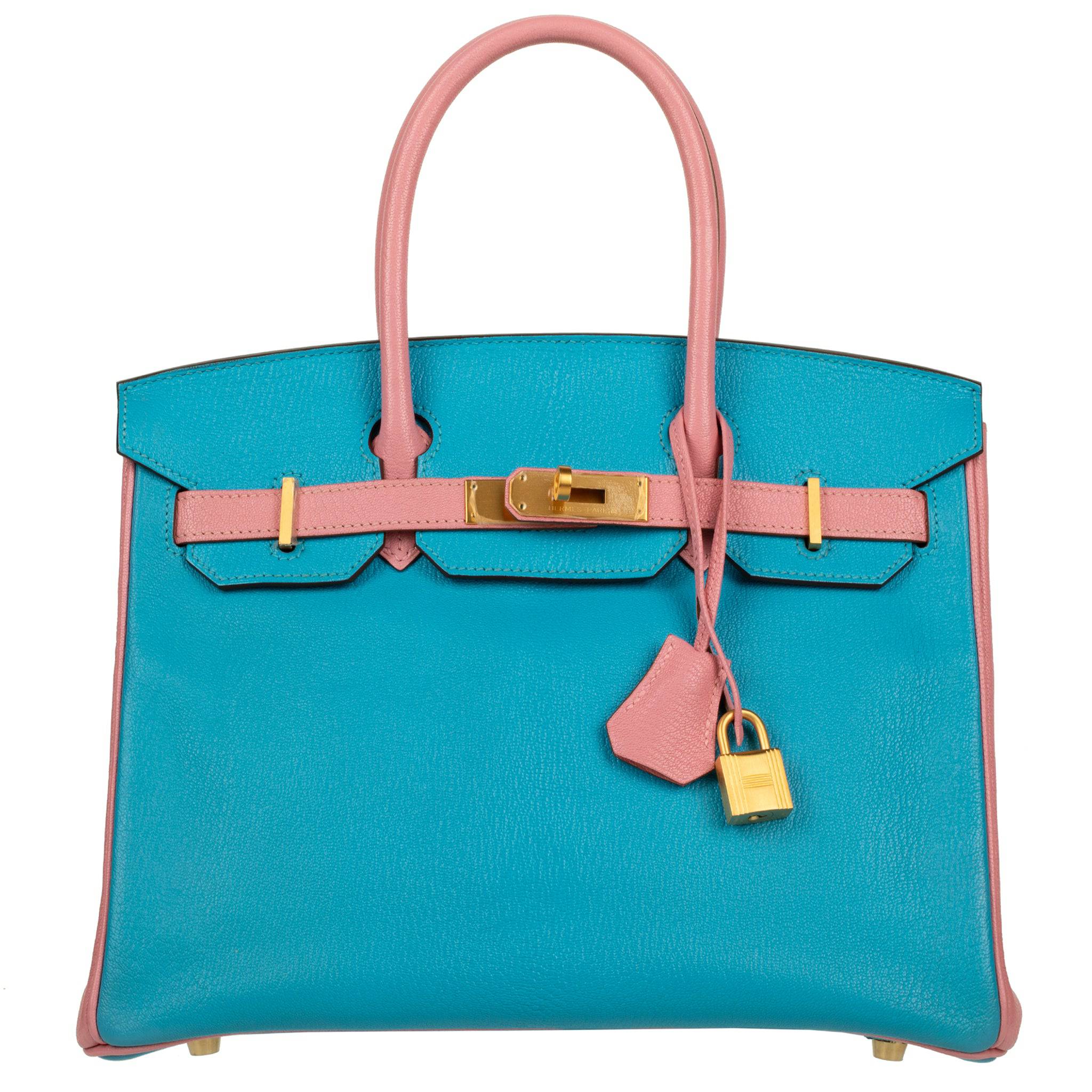 HERMES BIRKIN 30CM SPECIAL ORDER BLUE AZTEC & ROSE CONFETTI CHEVRE LEATHER BRUSHED GOLD HARDWARE - On Repeat