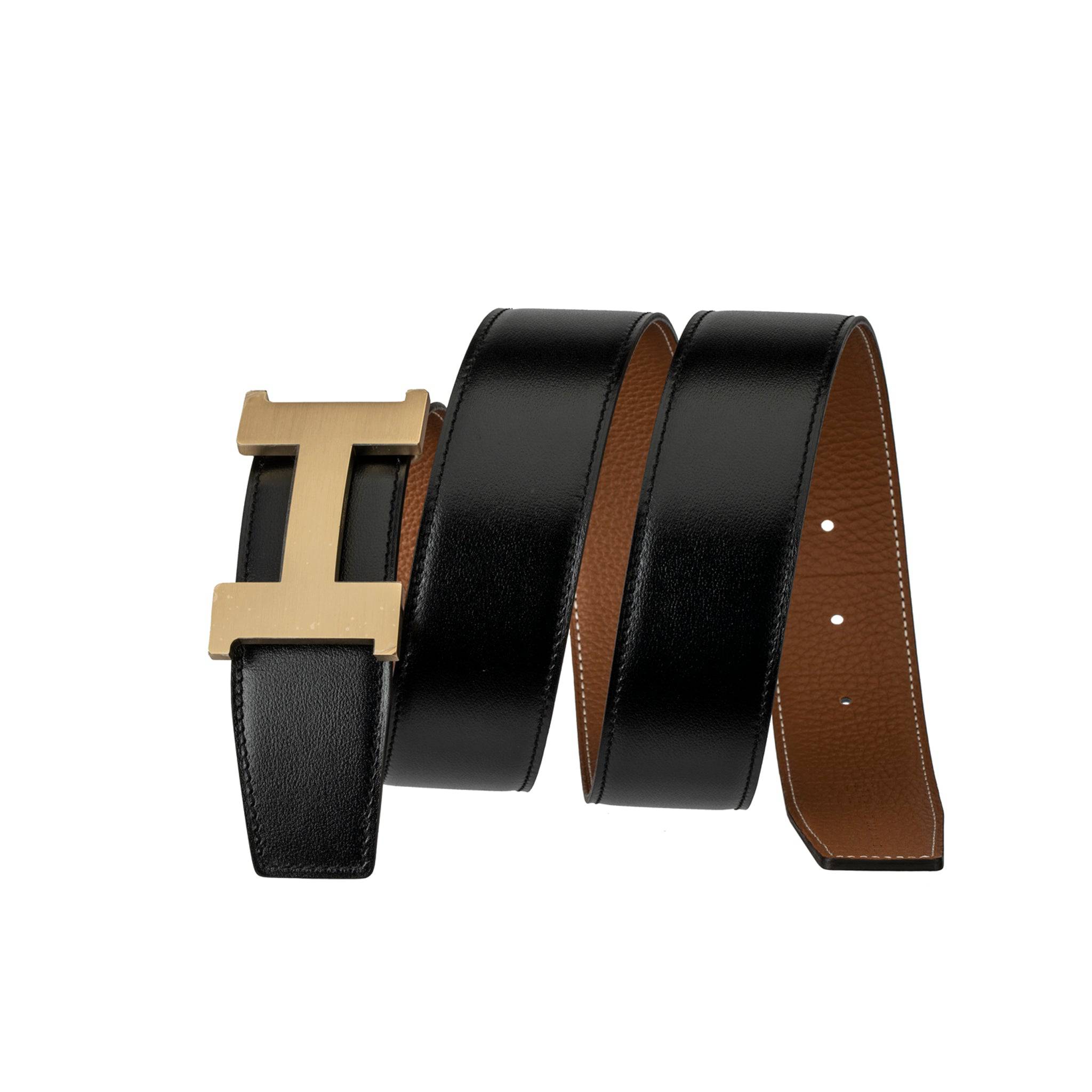 HERMES REVERSIBLE BELT BLACK AND GOLD BRUSHED PERMABRASS BUCKLE 90CM - On Repeat