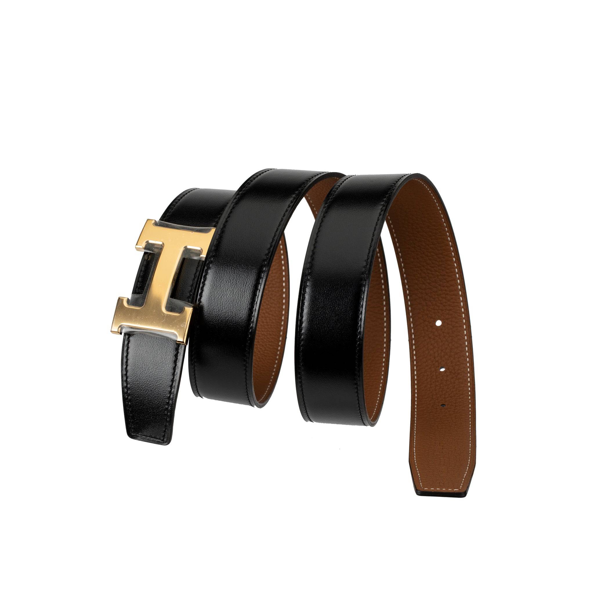 HERMES REVERSIBLE BELT BLACK AND GOLD BRUSHED GOLD BUCKLE 95CM - On Repeat