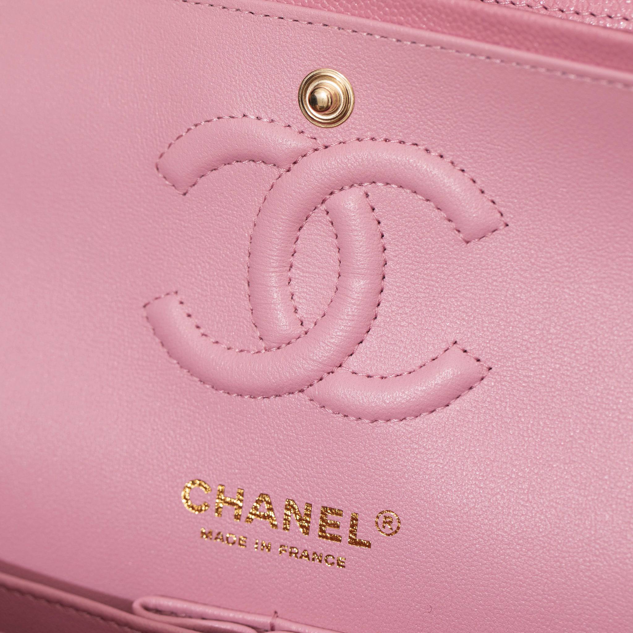 CHANEL DOUBLE CLASSIC FLAP PINK CAVIAR LEATHER CHAMPAGNE GOLD HARDWARE - On Repeat