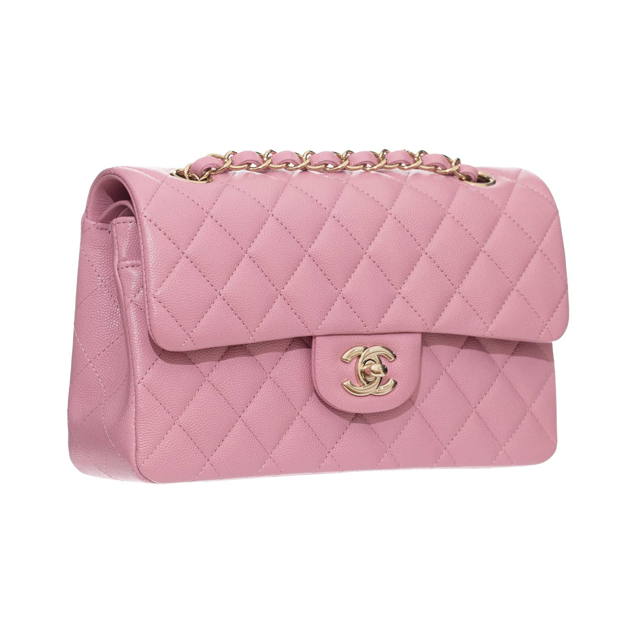 CHANEL DOUBLE CLASSIC FLAP PINK CAVIAR LEATHER CHAMPAGNE GOLD HARDWARE - On Repeat
