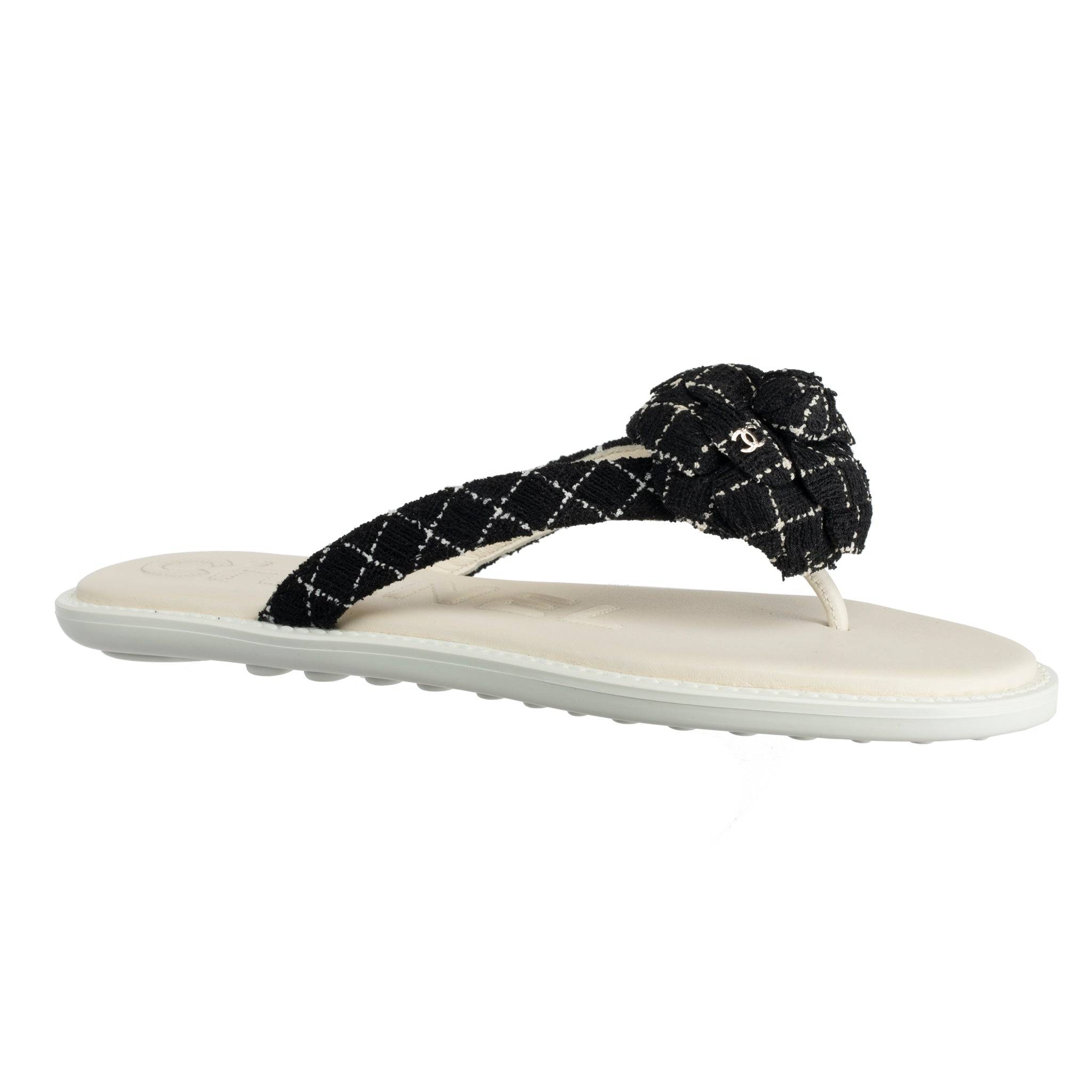CHANEL TWEED CAMELIA BLACK & WHITE SANDALS 37 FR - On Repeat