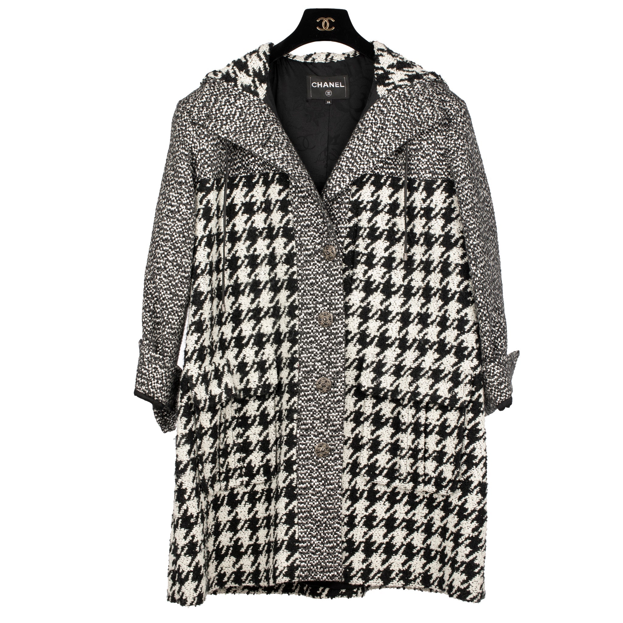 Chanel Black & White Oversized Houndstooth Coat With Hood 38 Fr - On Repeat