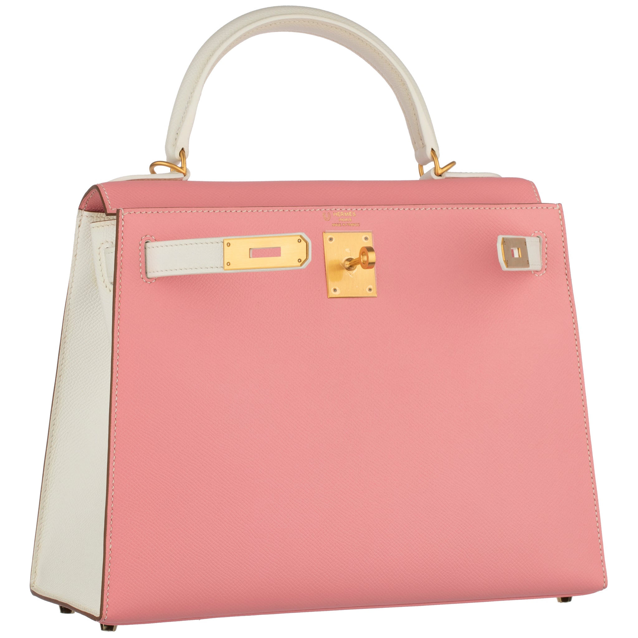 HERMES KELLY 28CM SPECIAL ORDER WHITE AND ROSE CONFETTI EPSOM LEATHER BRUSHED GOLD HARDWARE - On Repeat