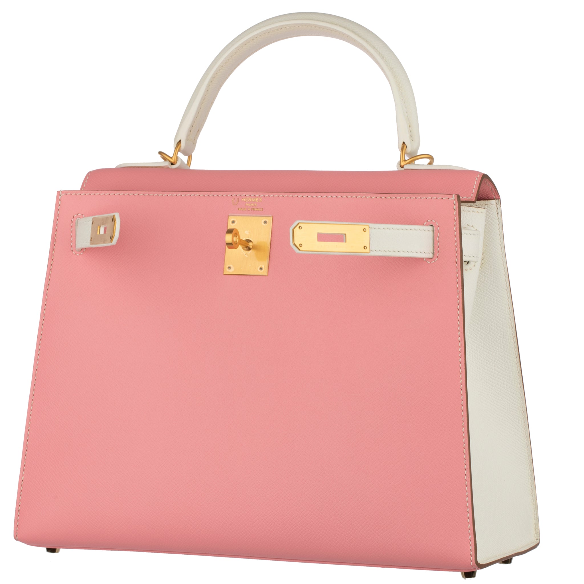 HERMES KELLY 28CM SPECIAL ORDER WHITE AND ROSE CONFETTI EPSOM LEATHER BRUSHED GOLD HARDWARE - On Repeat