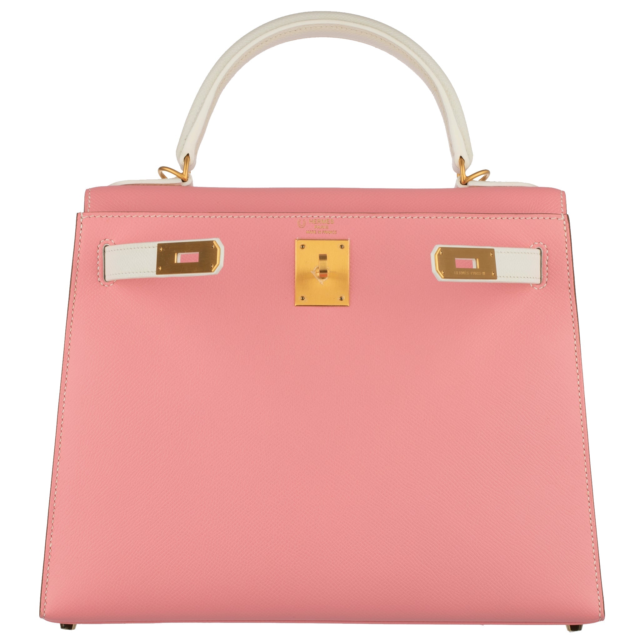 HERMES KELLY 28CM SPECIAL ORDER WHITE AND ROSE CONFETTI EPSOM LEATHER BRUSHED GOLD HARDWARE - On Repeat