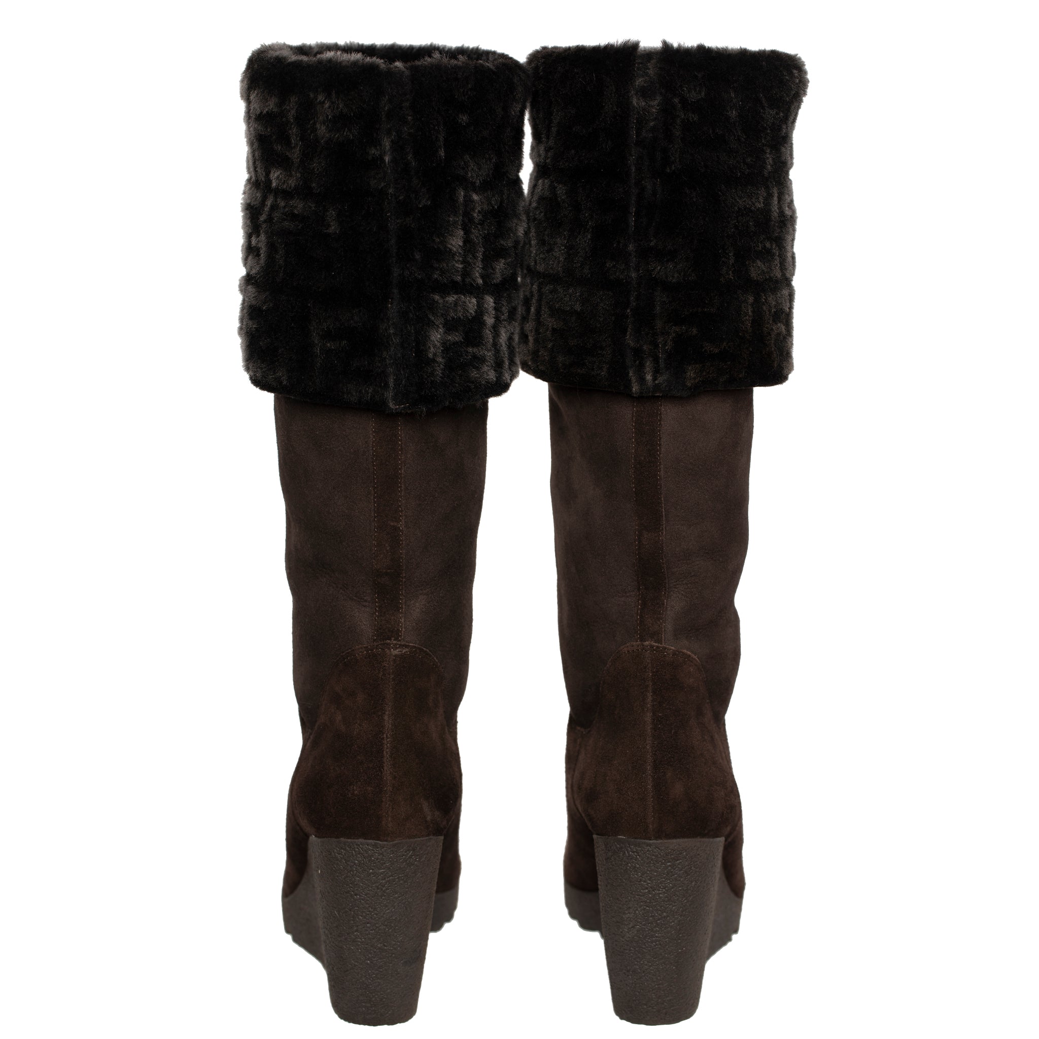 FENDI BROWN SUEDE AND RABBIT FF LOGO WEDGE BOOTS 38 IT - On Repeat