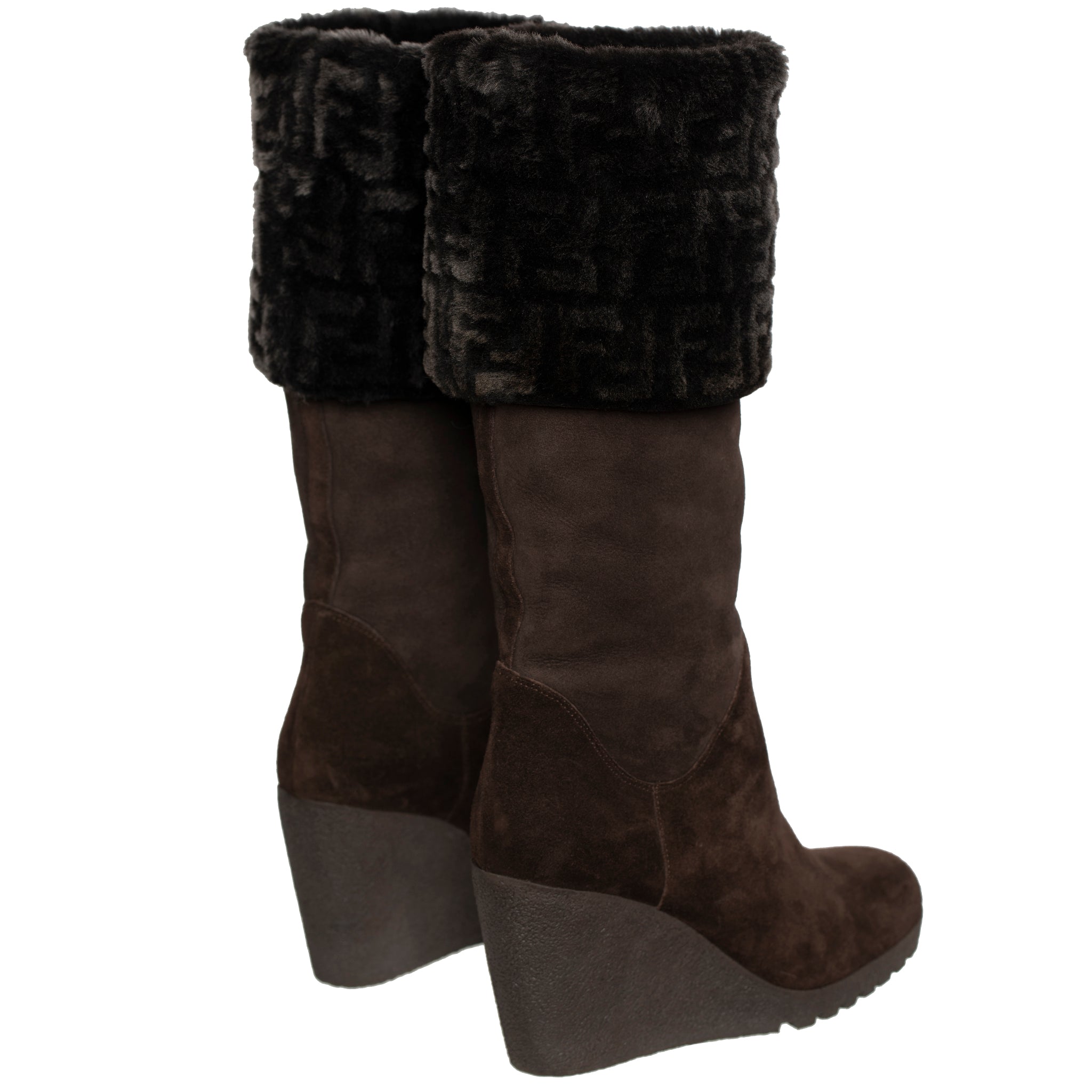 FENDI BROWN SUEDE AND RABBIT FF LOGO WEDGE BOOTS 38 IT - On Repeat