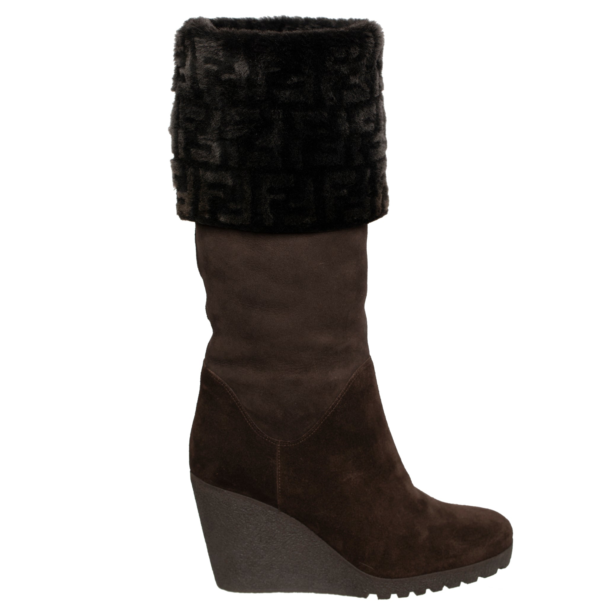 FENDI BROWN SUEDE AND RABBIT FF LOGO WEDGE BOOTS 38 IT - On Repeat