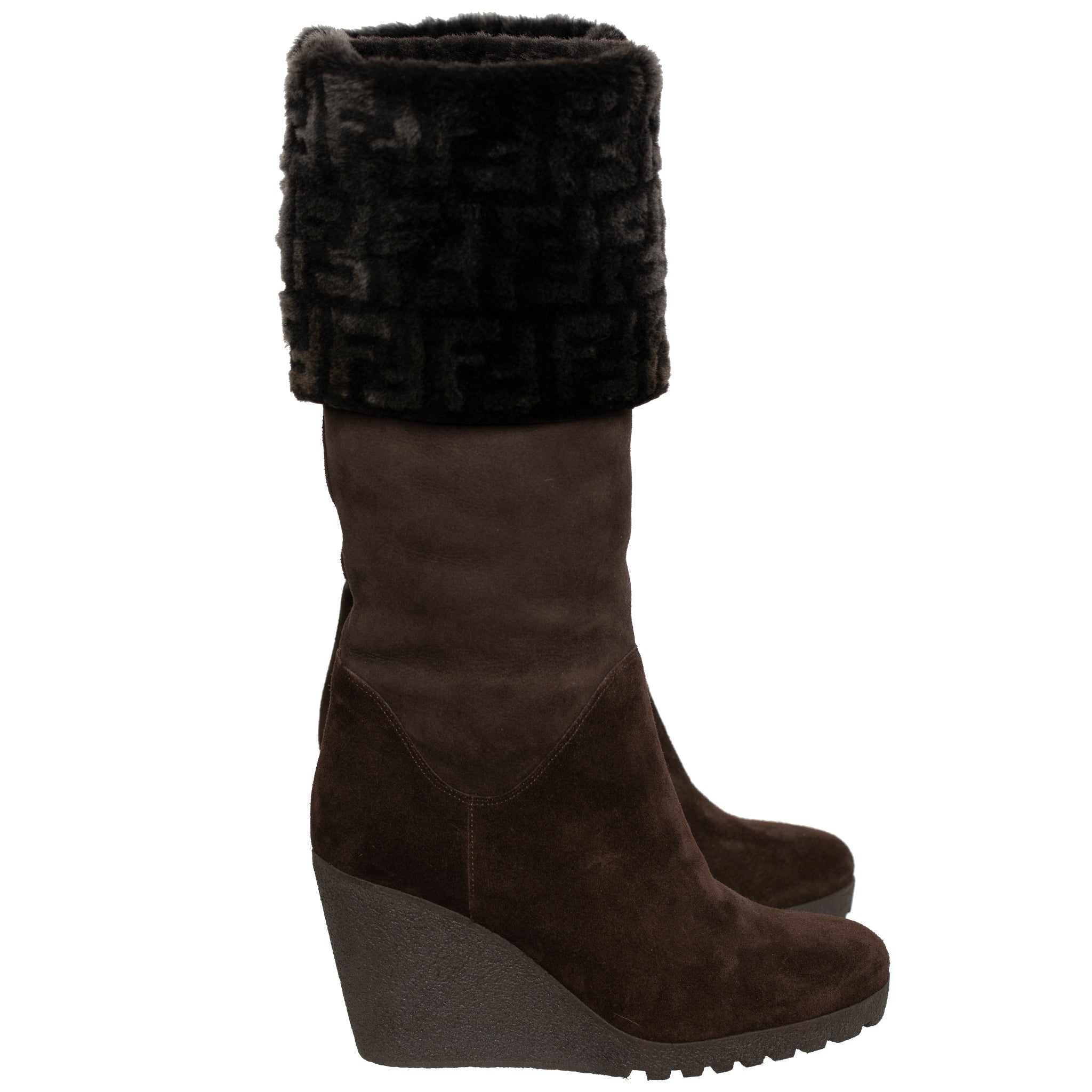 FENDI BROWN SUEDE AND RABBIT FF LOGO WEDGE BOOTS 38 IT - On Repeat