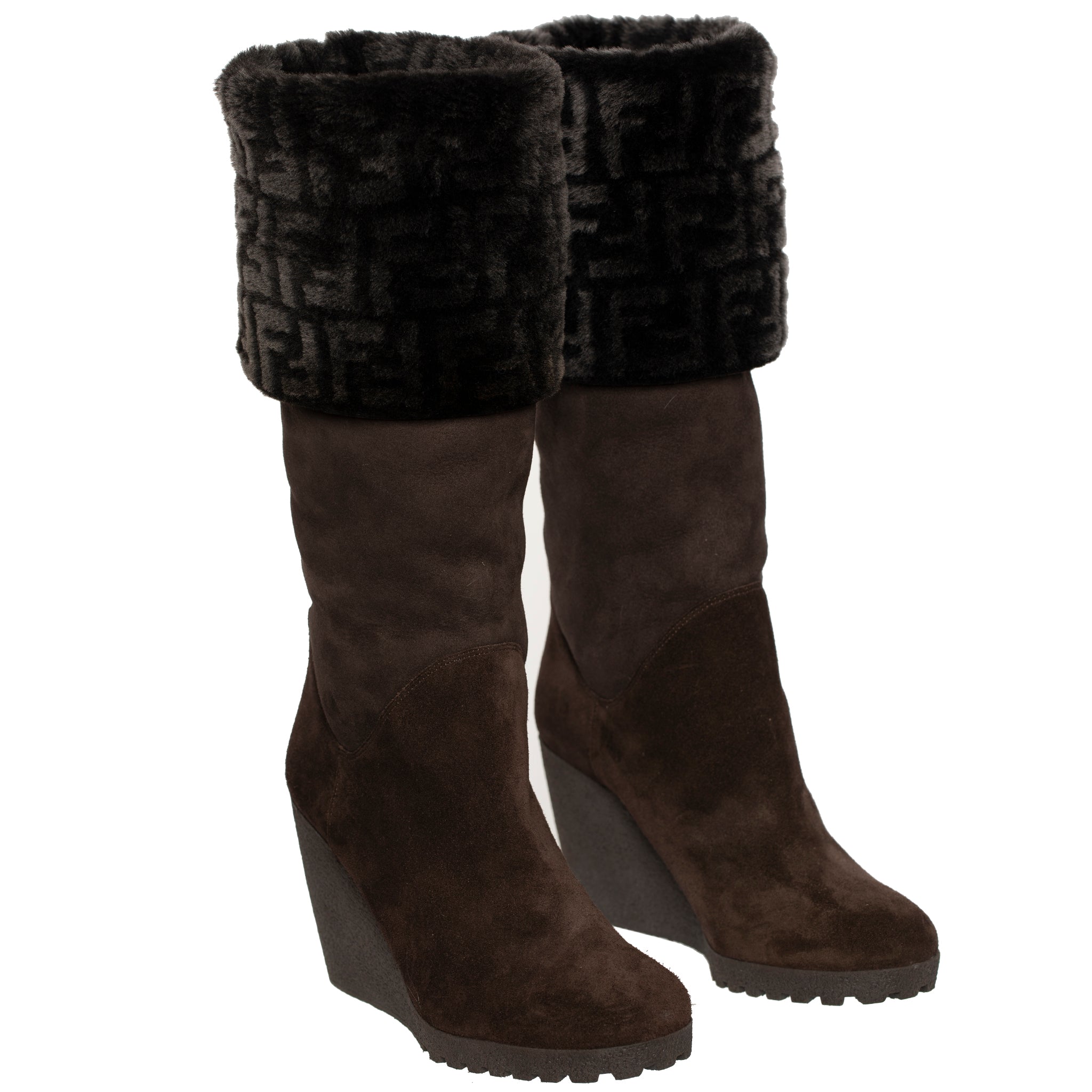 FENDI BROWN SUEDE AND RABBIT FF LOGO WEDGE BOOTS 38 IT - On Repeat