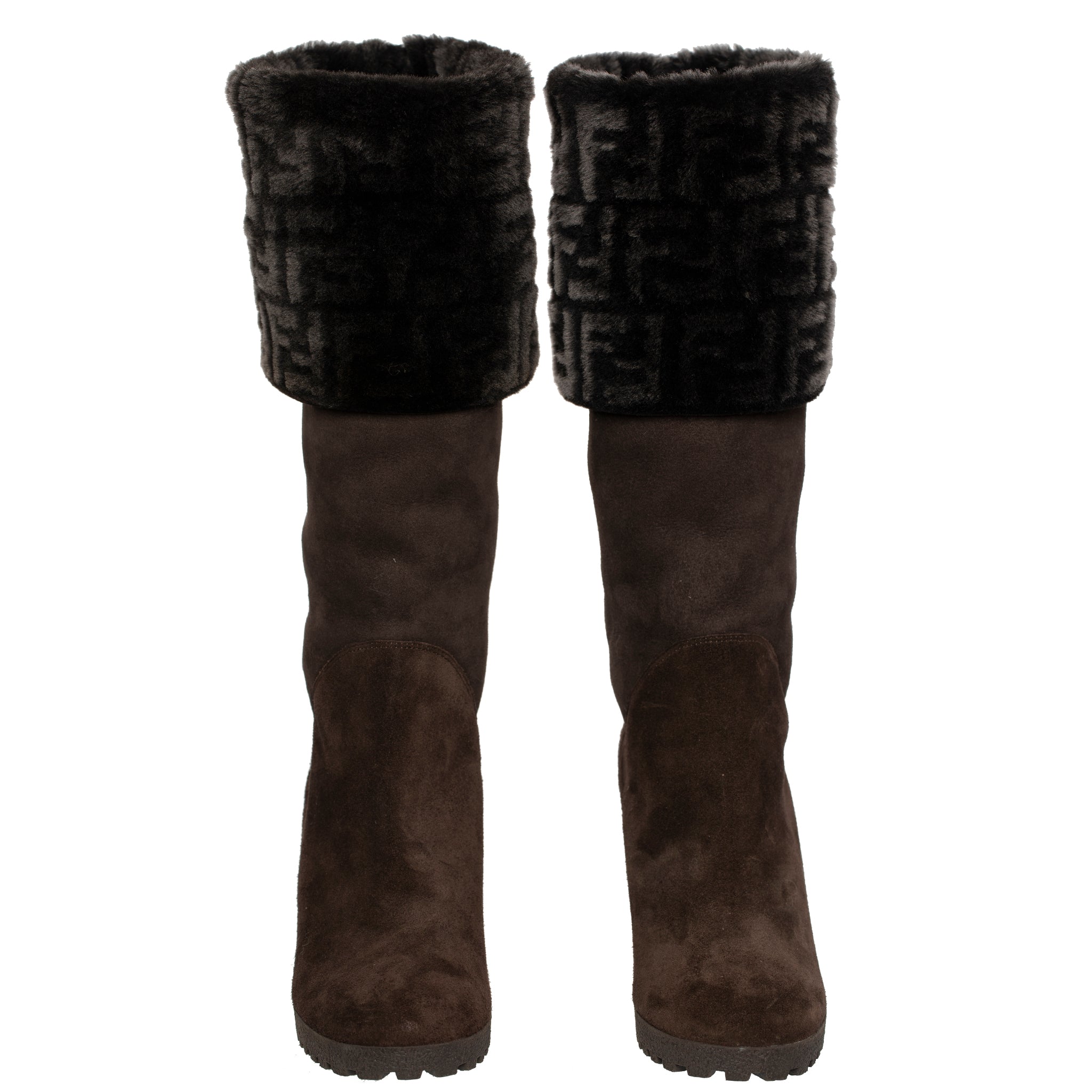 FENDI BROWN SUEDE AND RABBIT FF LOGO WEDGE BOOTS 38 IT - On Repeat