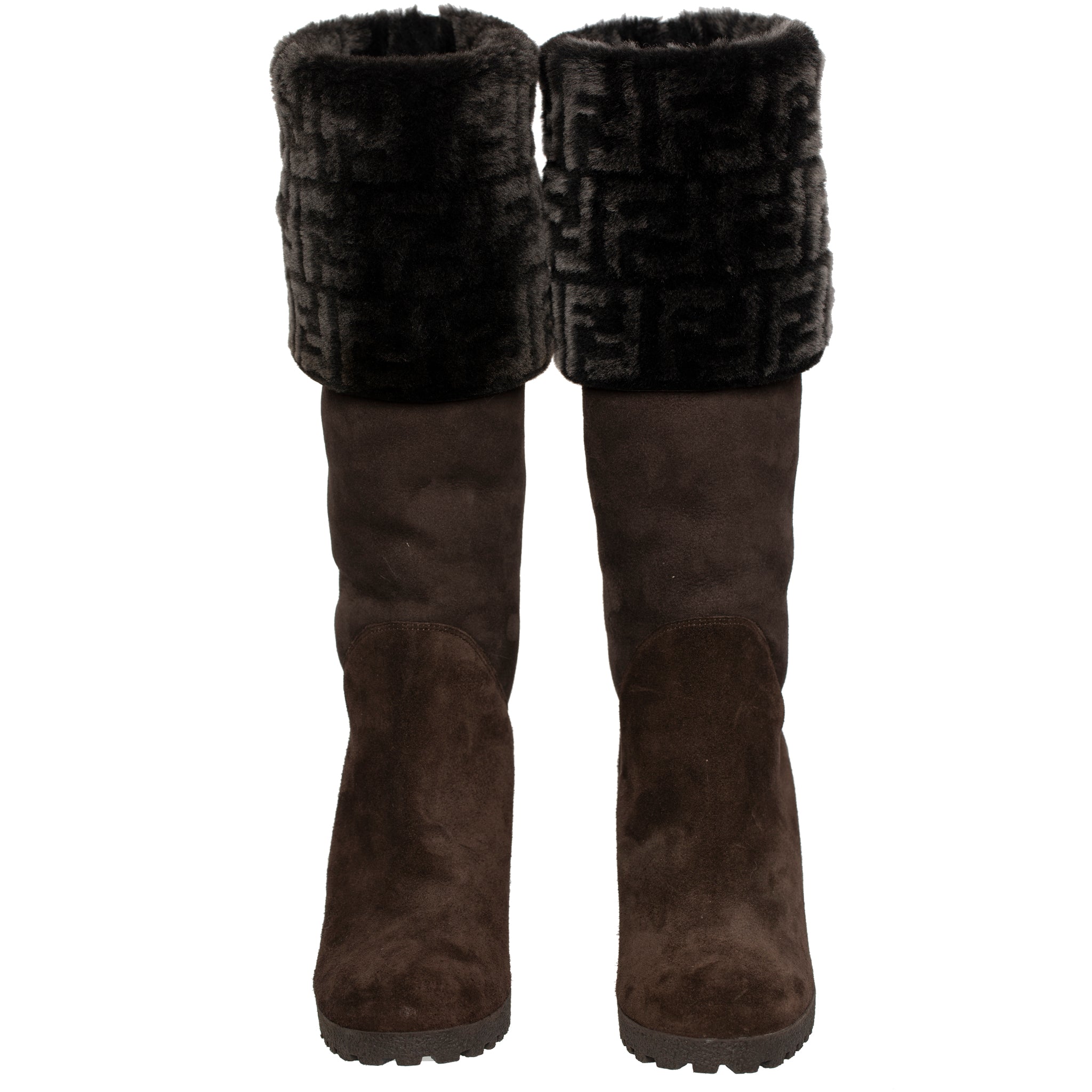 FENDI BROWN SUEDE AND RABBIT FF LOGO WEDGE BOOTS 38 IT - On Repeat