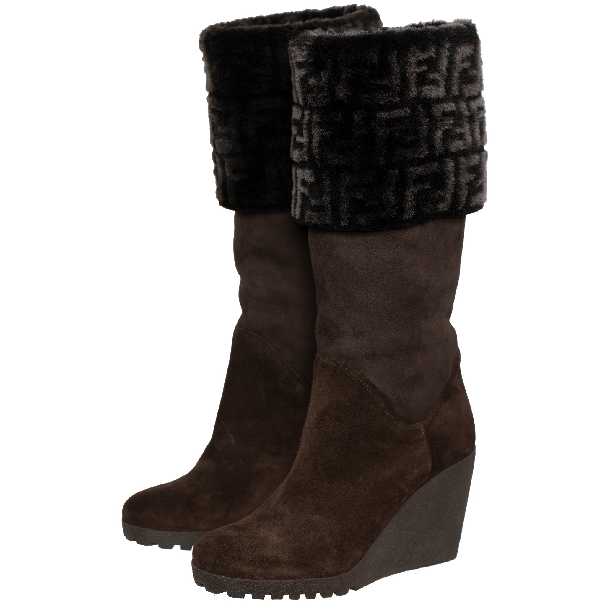 FENDI BROWN SUEDE AND RABBIT FF LOGO WEDGE BOOTS 38 IT - On Repeat