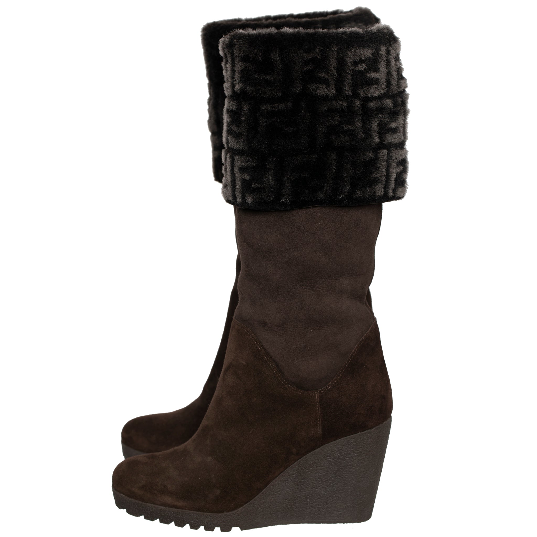 FENDI BROWN SUEDE AND RABBIT FF LOGO WEDGE BOOTS 38 IT - On Repeat