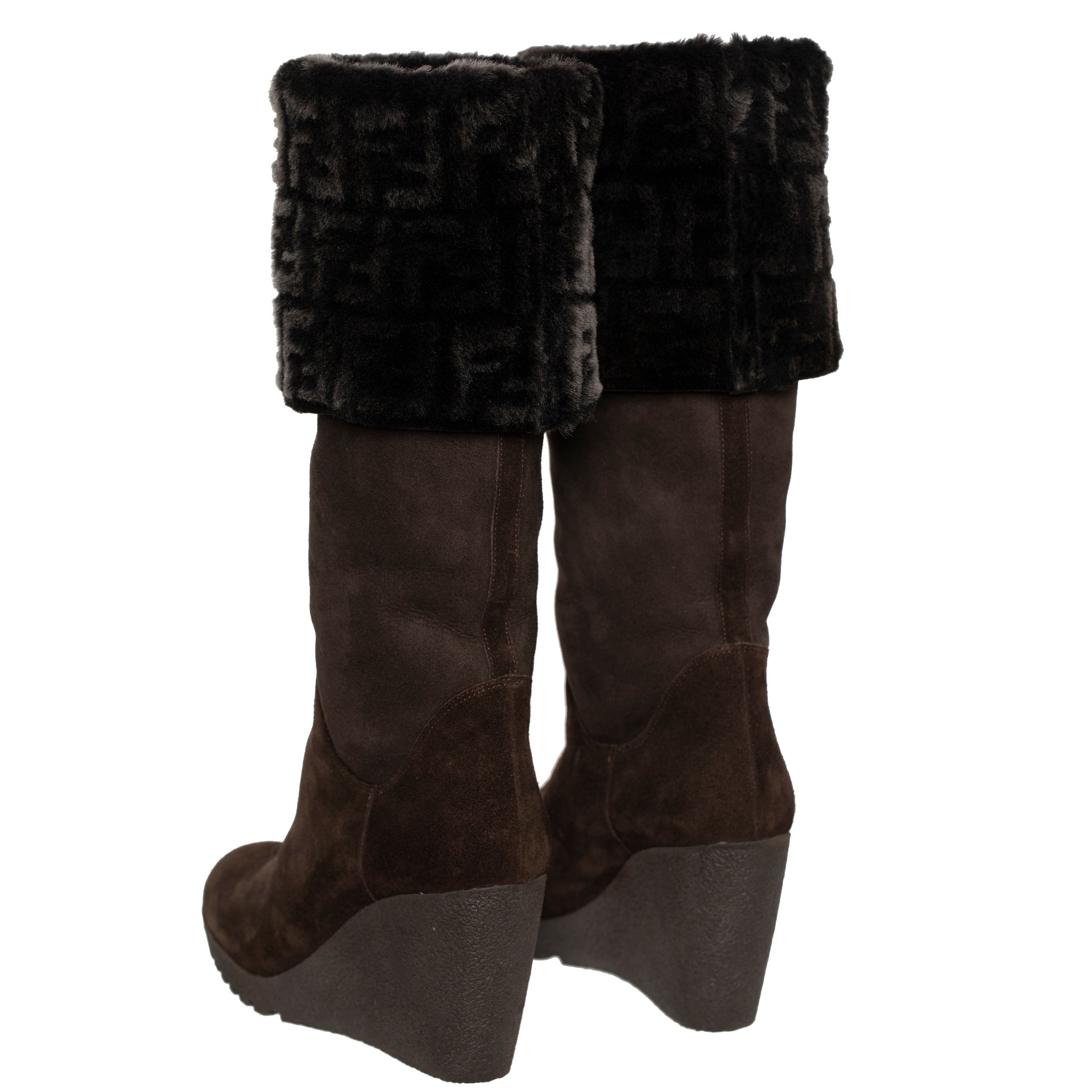 FENDI BROWN SUEDE AND RABBIT FF LOGO WEDGE BOOTS 38 IT - On Repeat