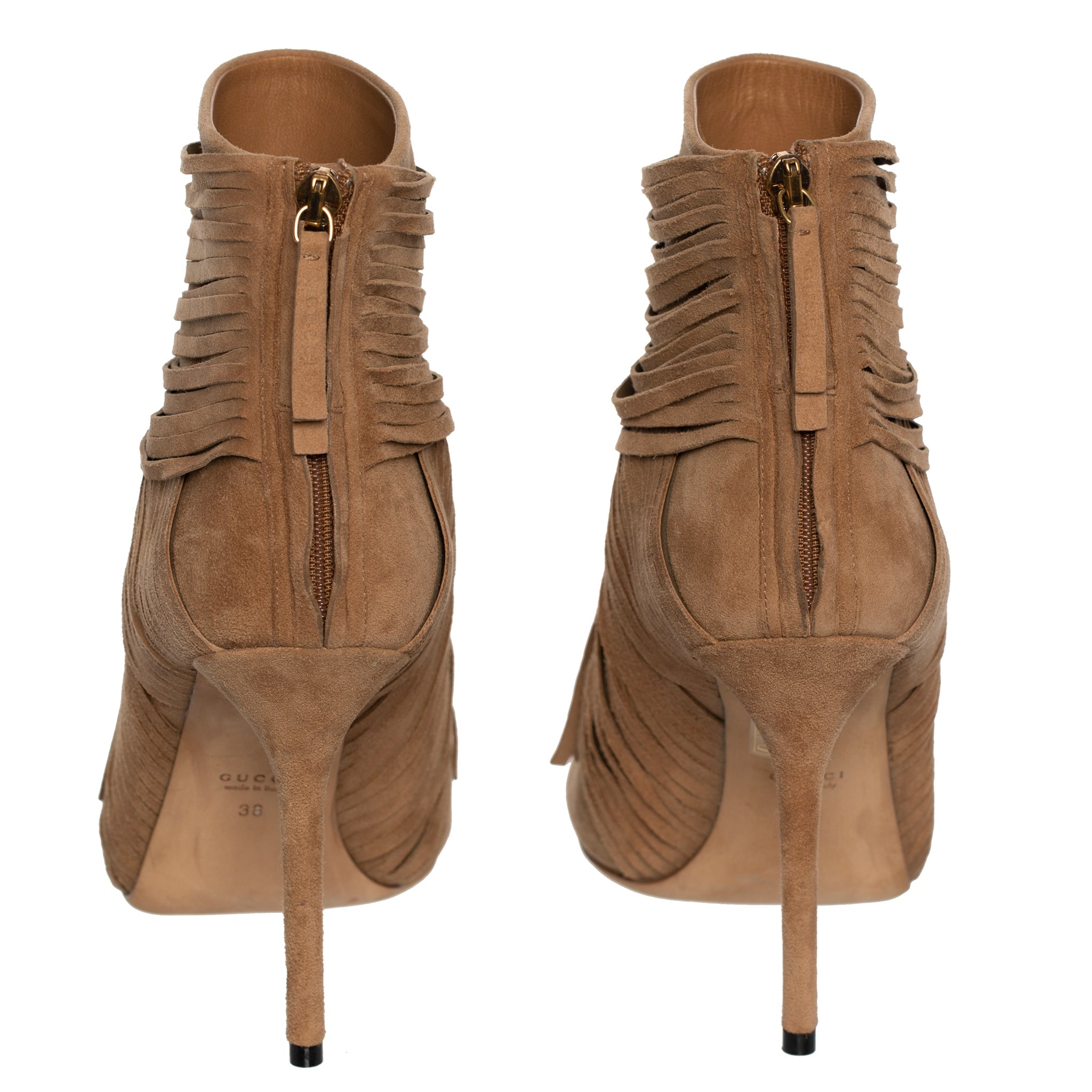 GUCCI ACKERMAN SUEDE FRINGE TAN BOOTIES 38 IT - On Repeat