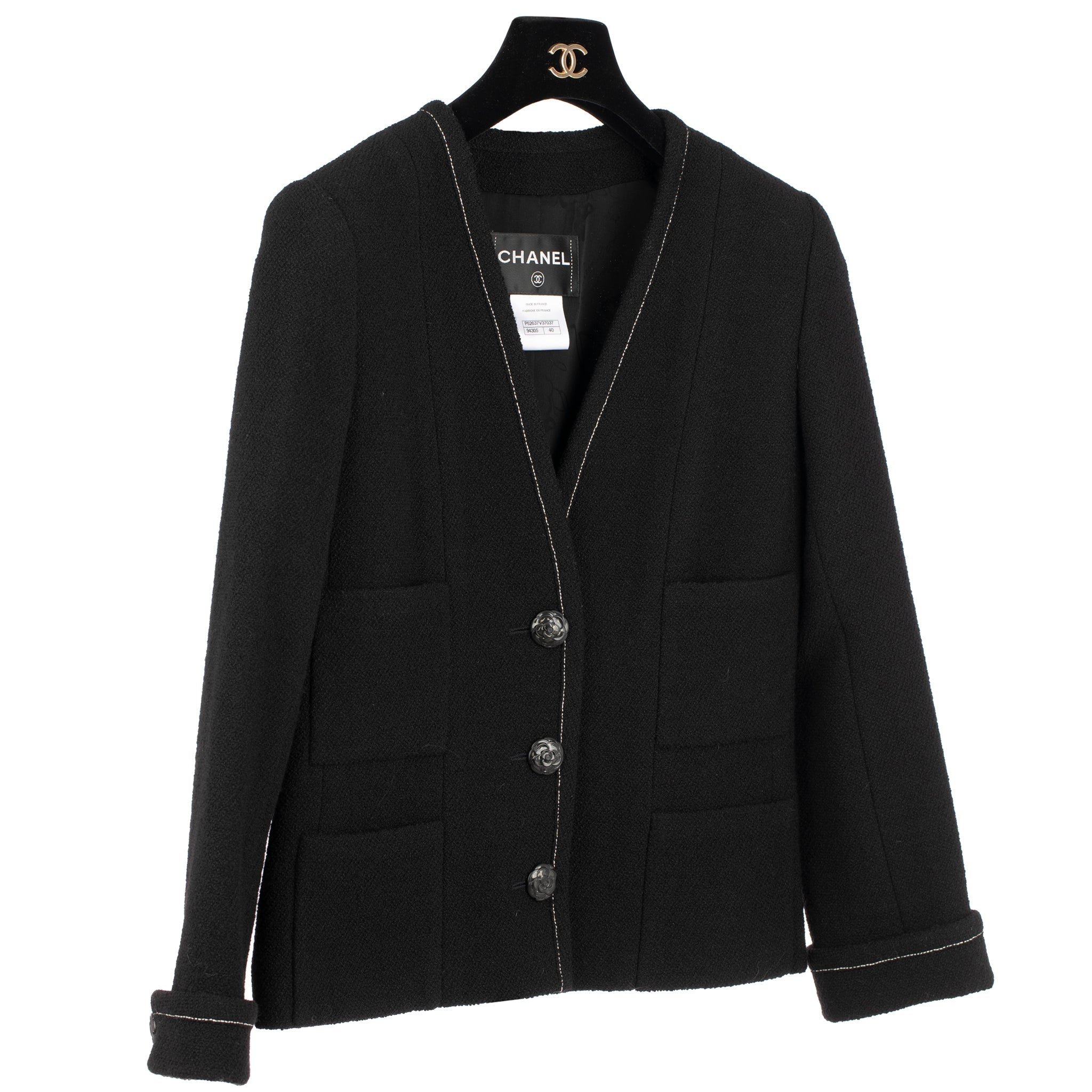 Chanel Black Jacket With Camelia Buttons 40 Fr - On Repeat