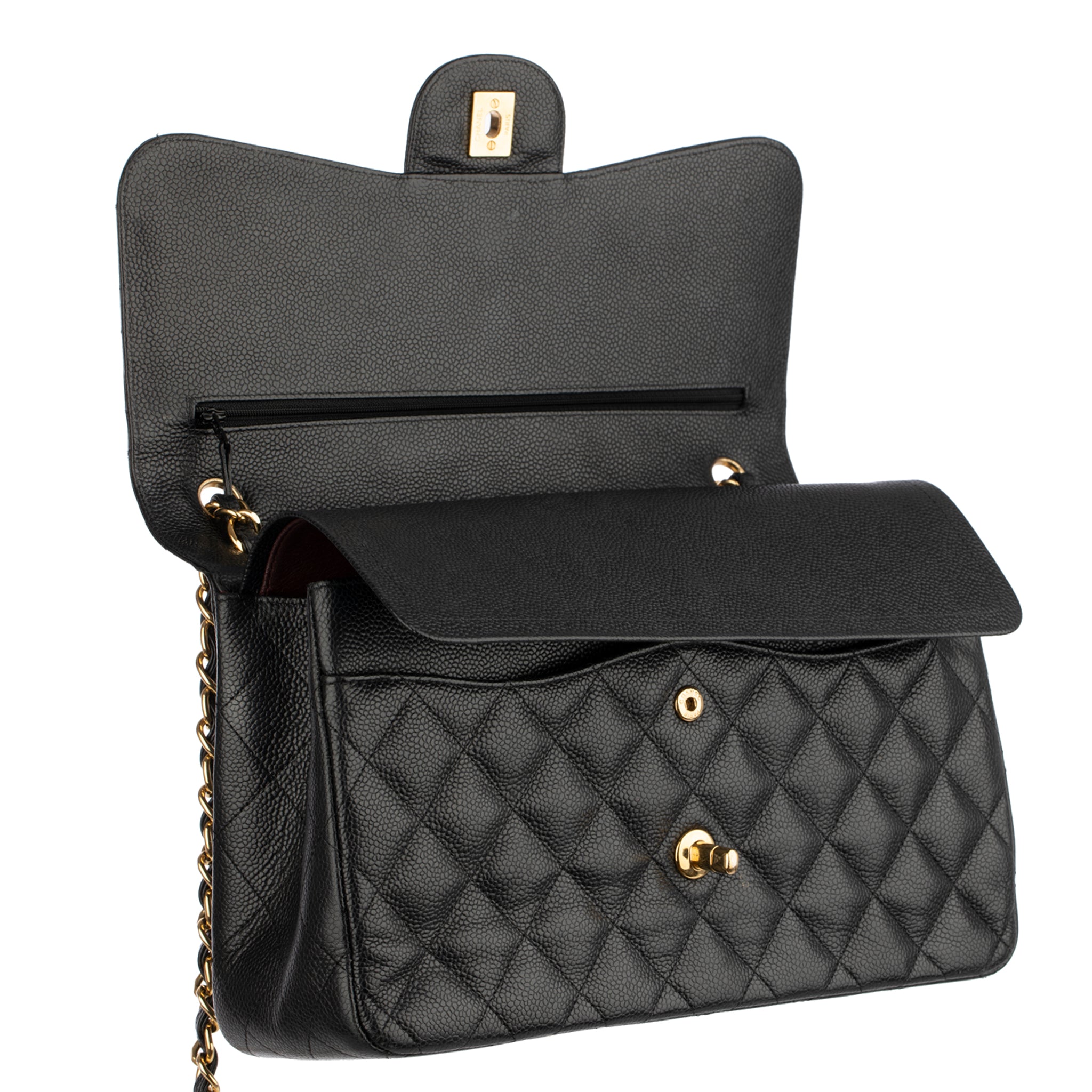 CHANEL CLASSIC JUMBO DOUBLE FLAP BLACK QUILTED CAVIAR LEATHER GOLD-TONE HARDWARE - On Repeat