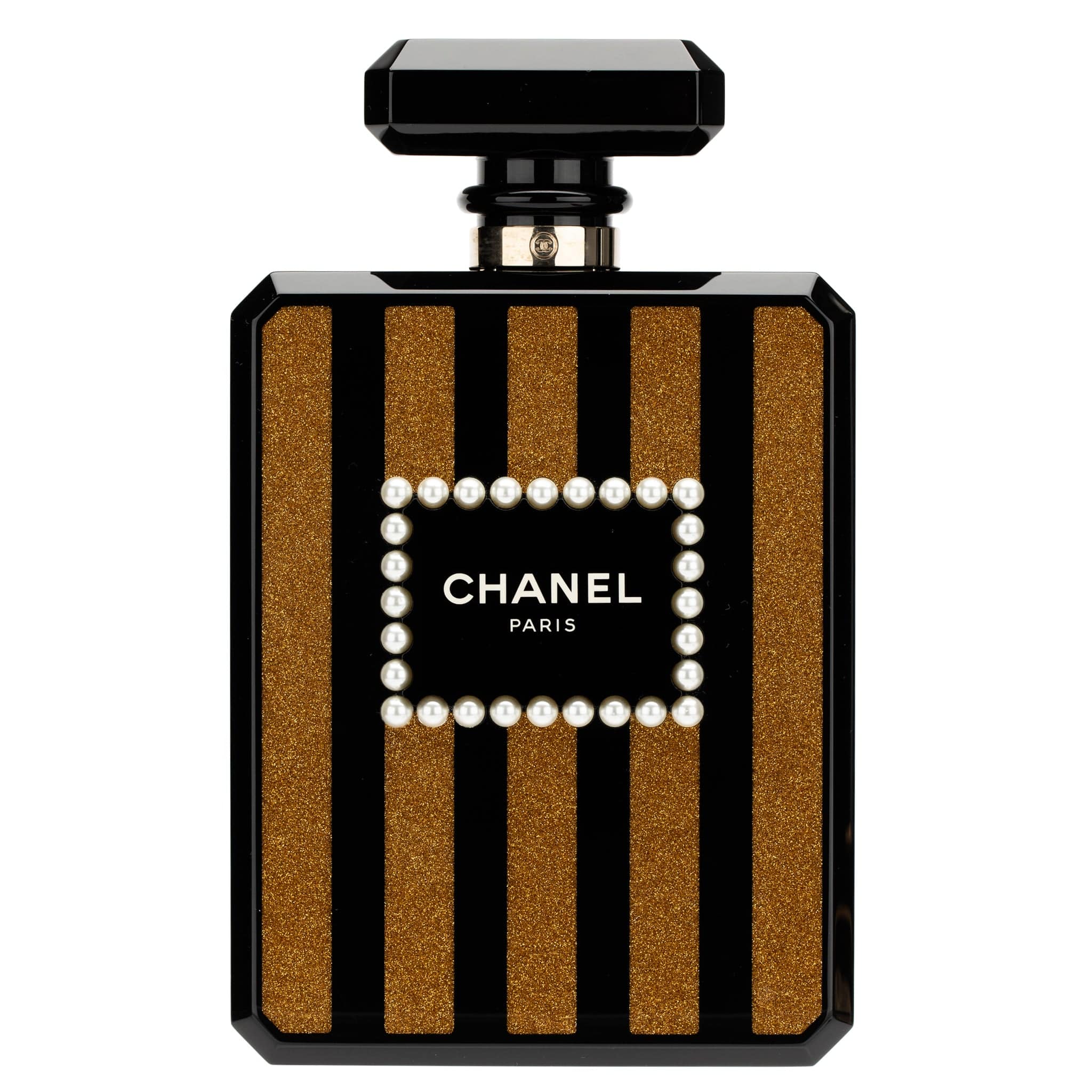 CHANEL MINAUDIÈRE LIMITED EDITION LUCITE PERFUME BOTTLE BLACK, GOLD GLITTER & PEARLS GOLD HARDWARE - On Repeat