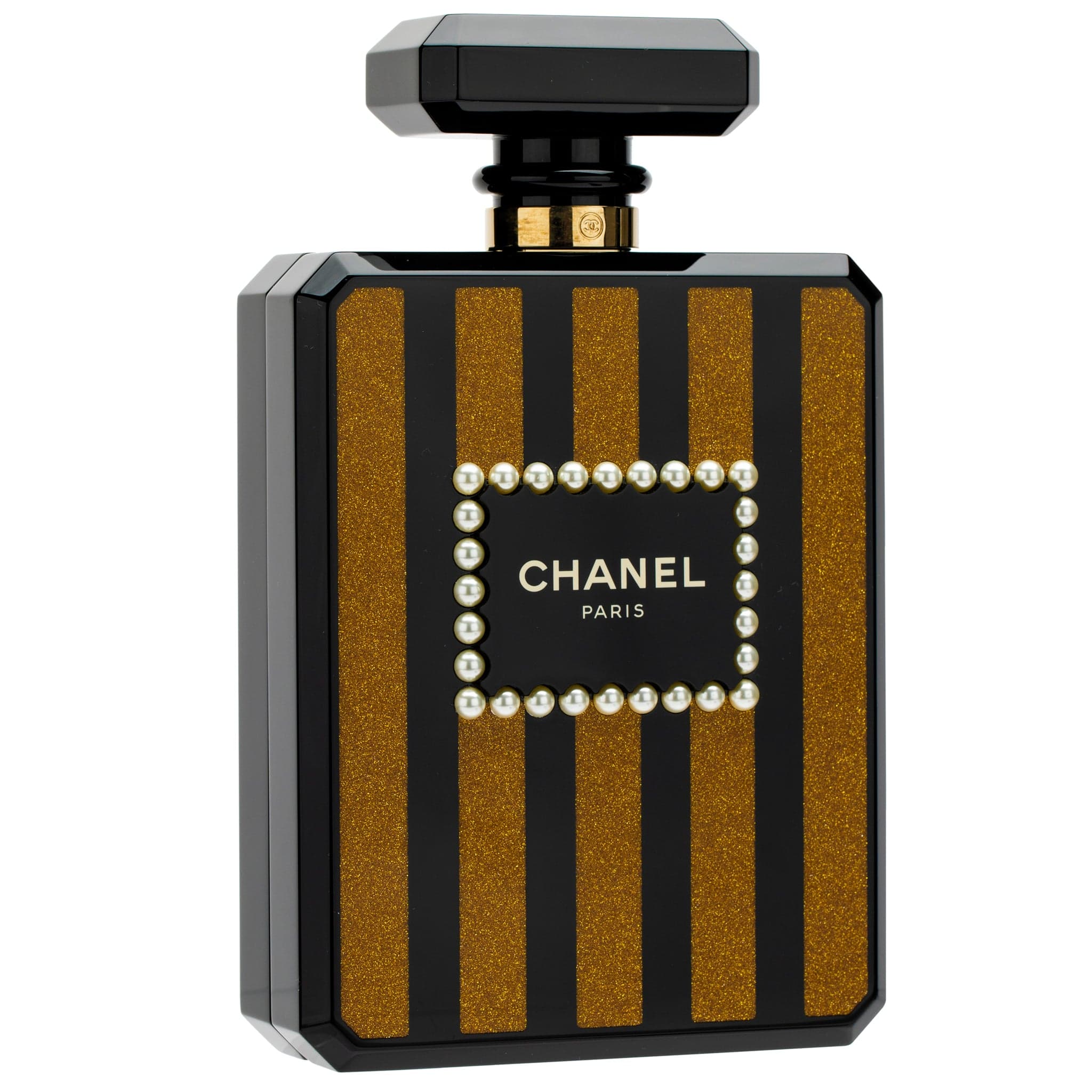 CHANEL MINAUDIÈRE LIMITED EDITION LUCITE PERFUME BOTTLE BLACK, GOLD GLITTER & PEARLS GOLD HARDWARE - On Repeat