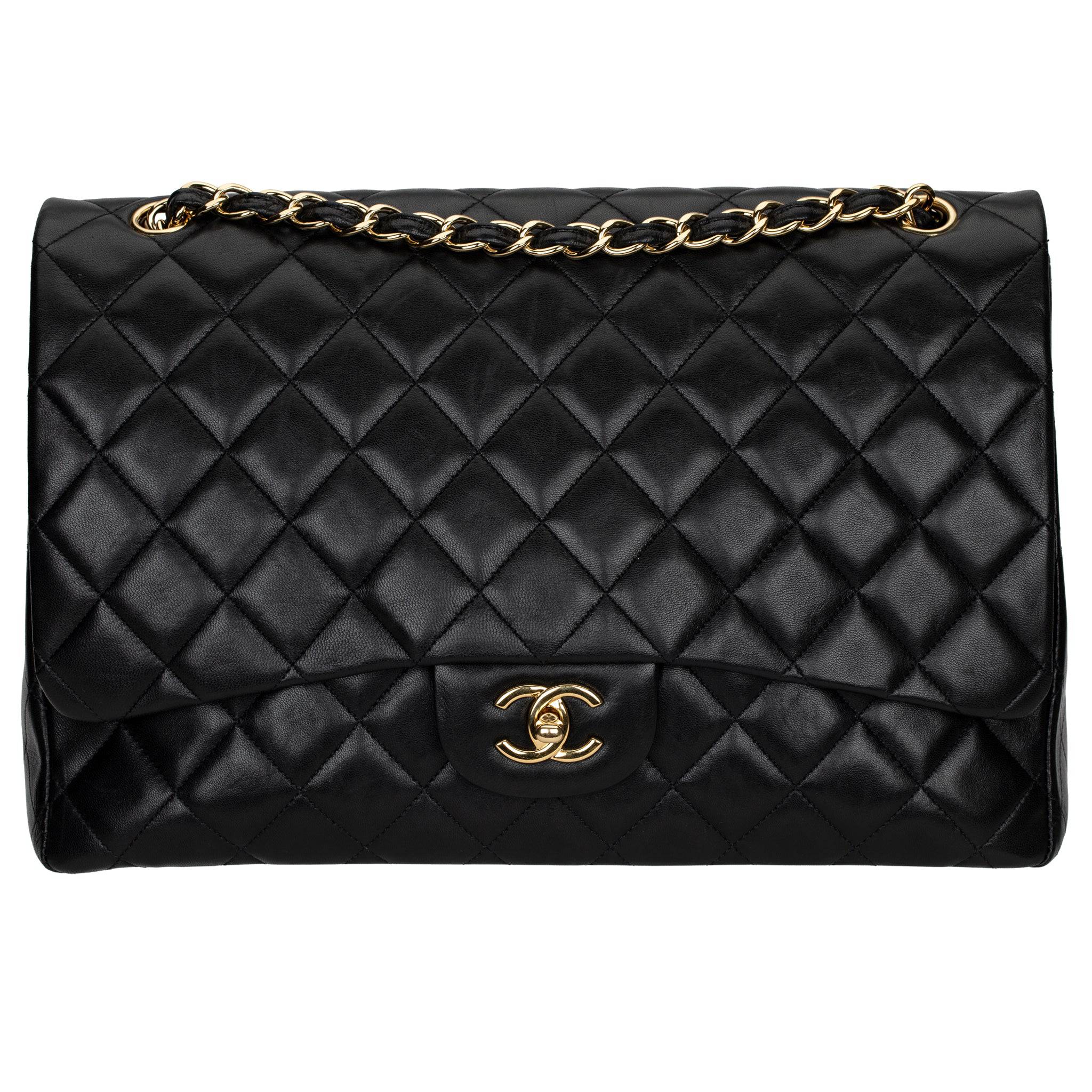 CHANEL MAXI CLASSIC FLAP BLACK QUILTED LAMBSKIN LEATHER GOLD-TONE HARDWARE - On Repeat