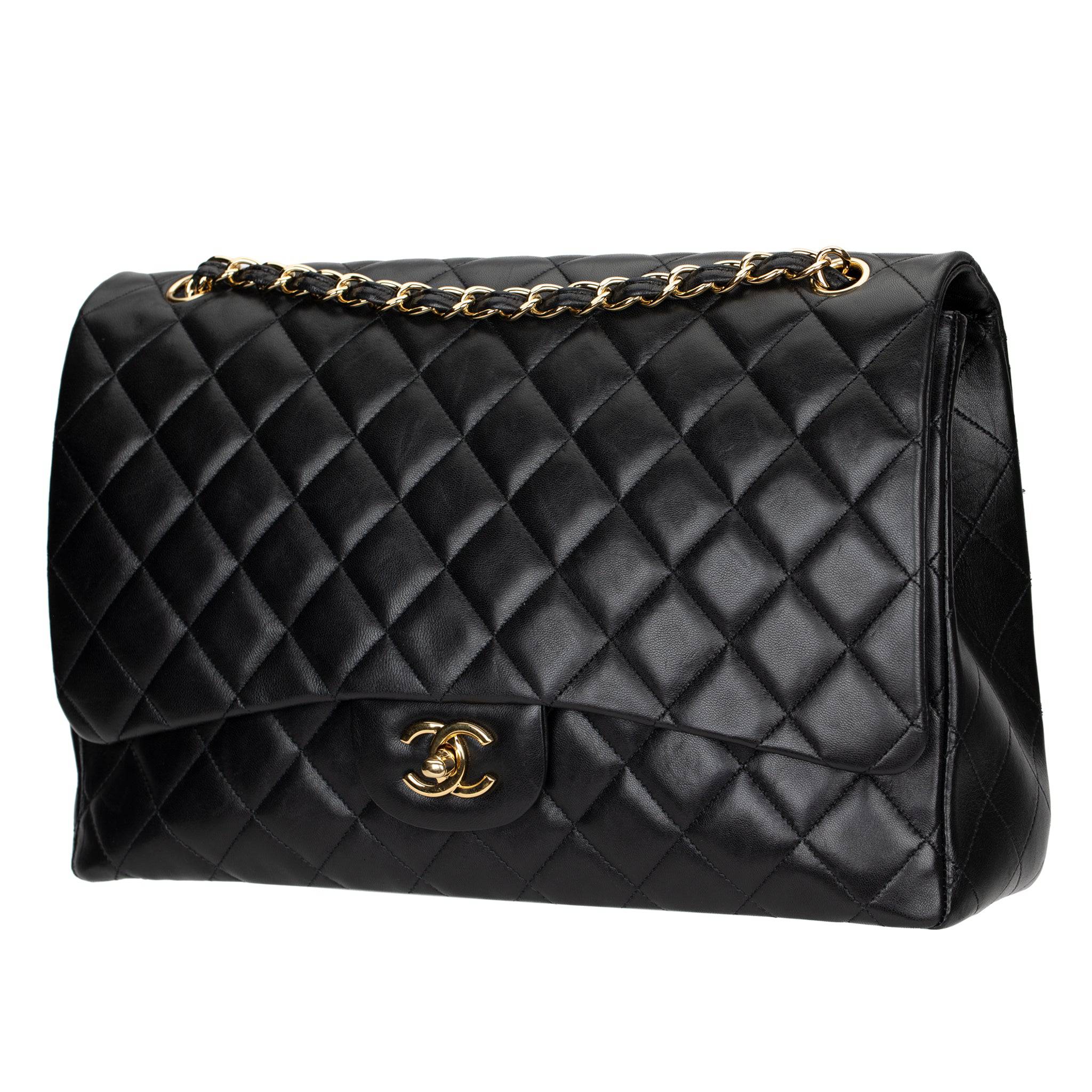 CHANEL MAXI CLASSIC FLAP BLACK QUILTED LAMBSKIN LEATHER GOLD-TONE HARDWARE - On Repeat