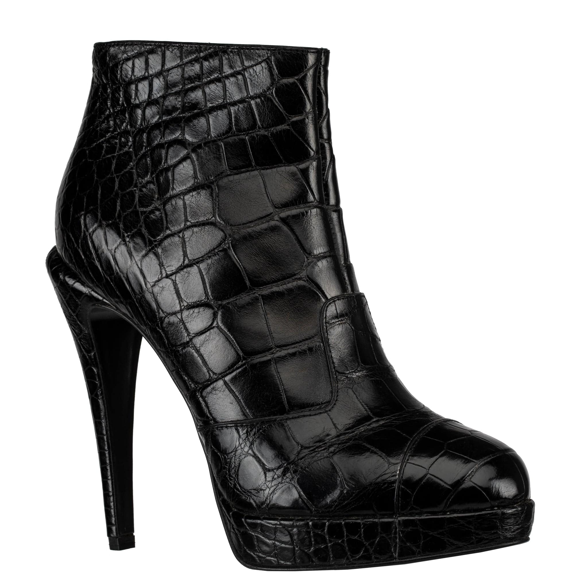 CHANEL BLACK MATTE CROCODILE LEATHER PLATFORM ANKLE BOOTS 38.5 FR - On Repeat