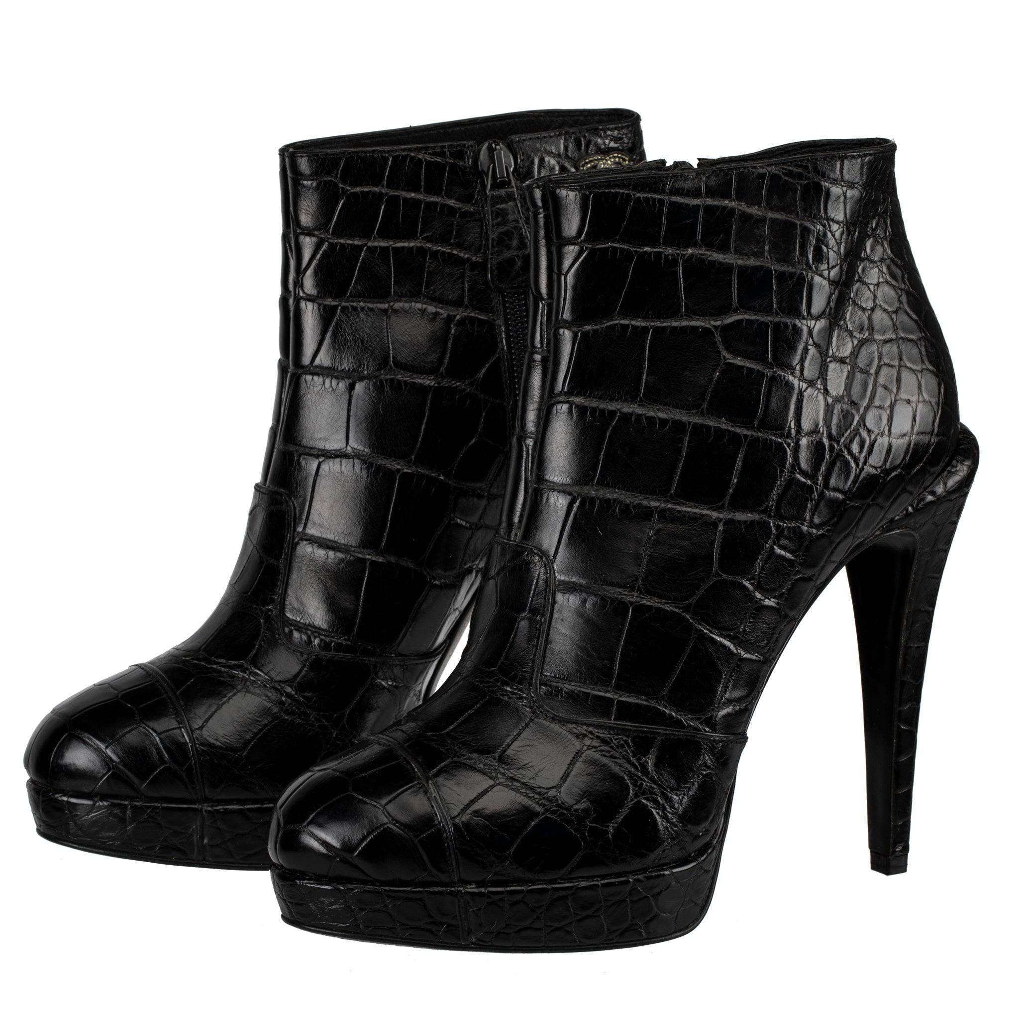 CHANEL BLACK MATTE CROCODILE LEATHER PLATFORM ANKLE BOOTS 38.5 FR - On Repeat