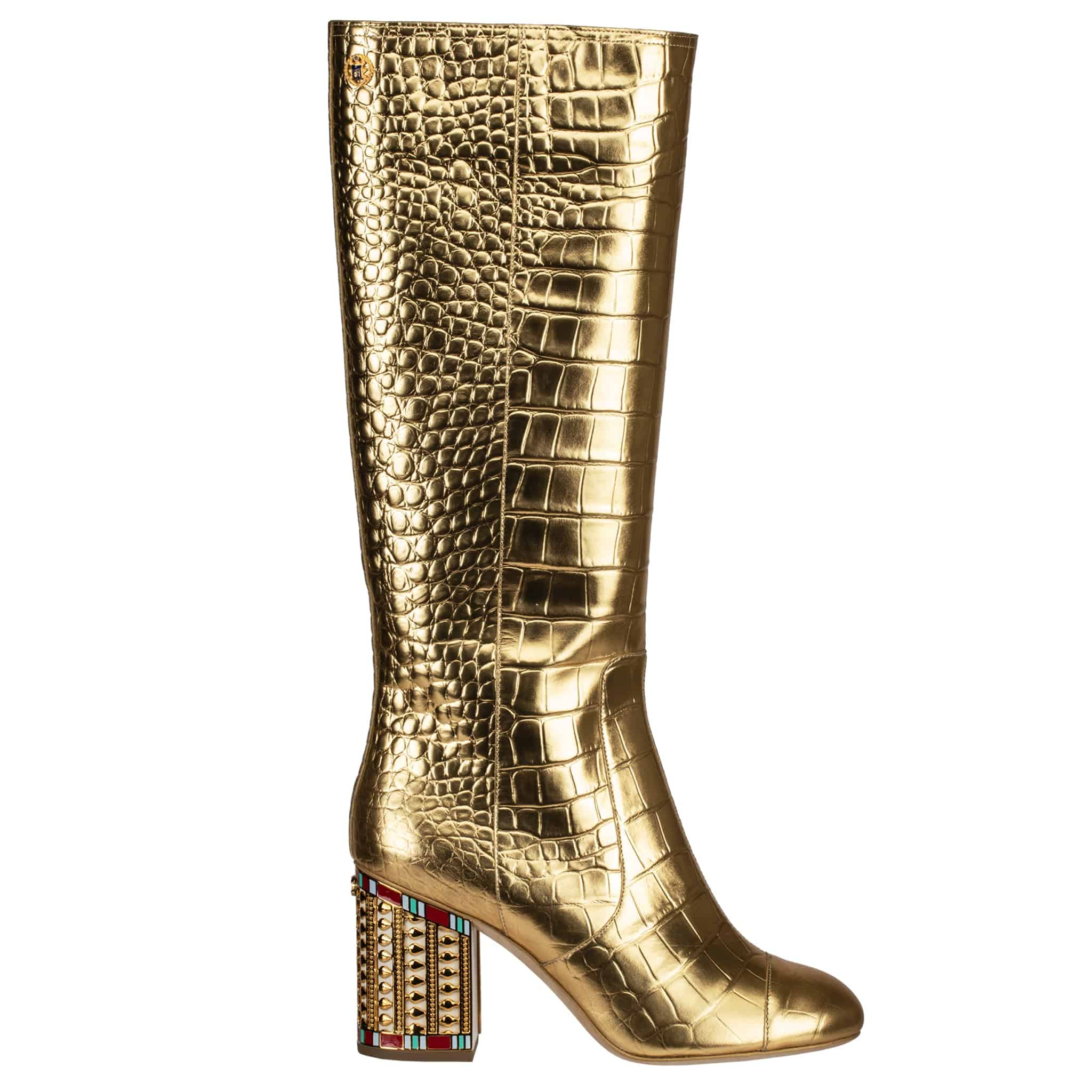 CHANEL PHARAOH TREASURE METALLIC GOLD CROCODILE EMBOSSED LEATHER HIGH BOOTS 39 FR - On Repeat