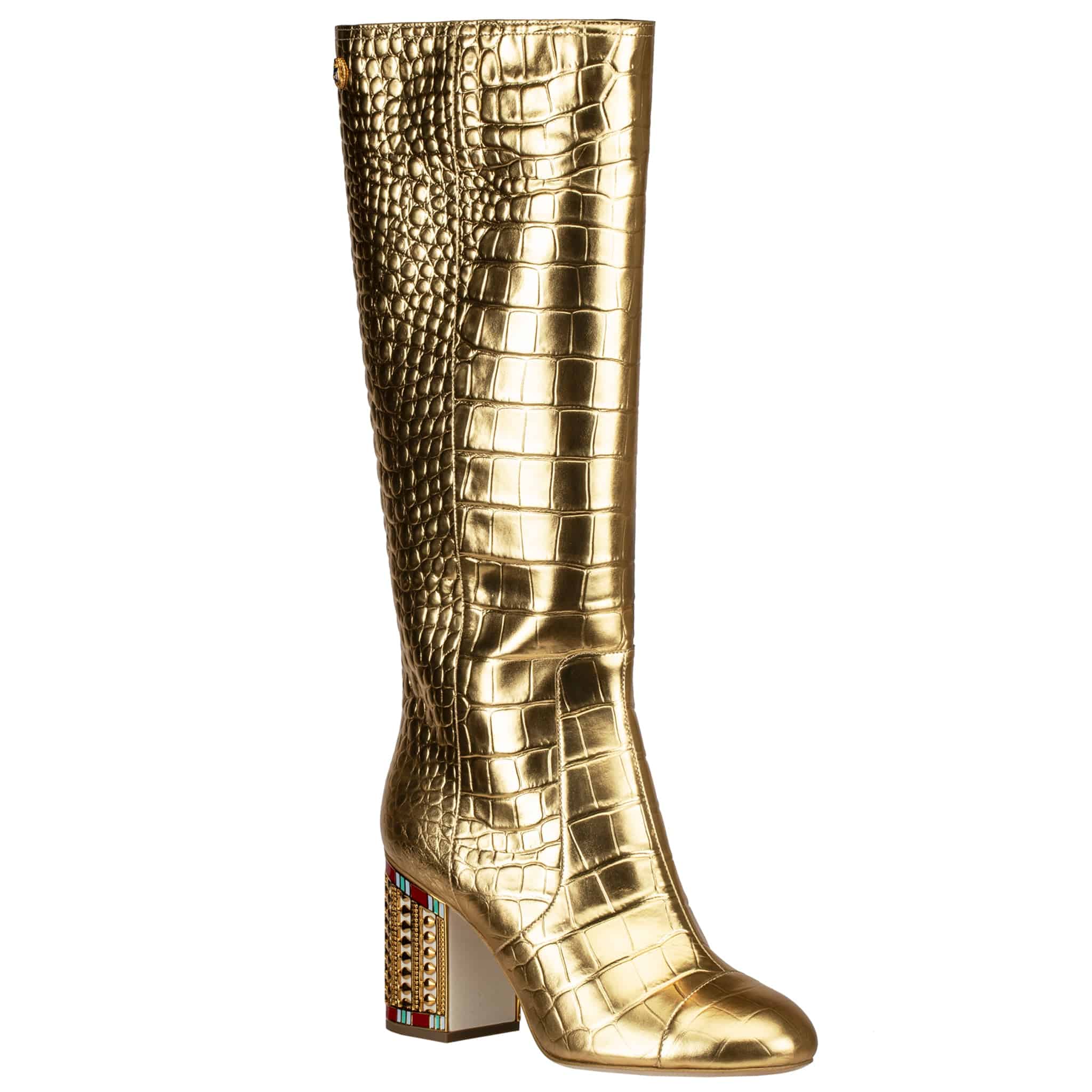 CHANEL PHARAOH TREASURE METALLIC GOLD CROCODILE EMBOSSED LEATHER HIGH BOOTS 39 FR - On Repeat