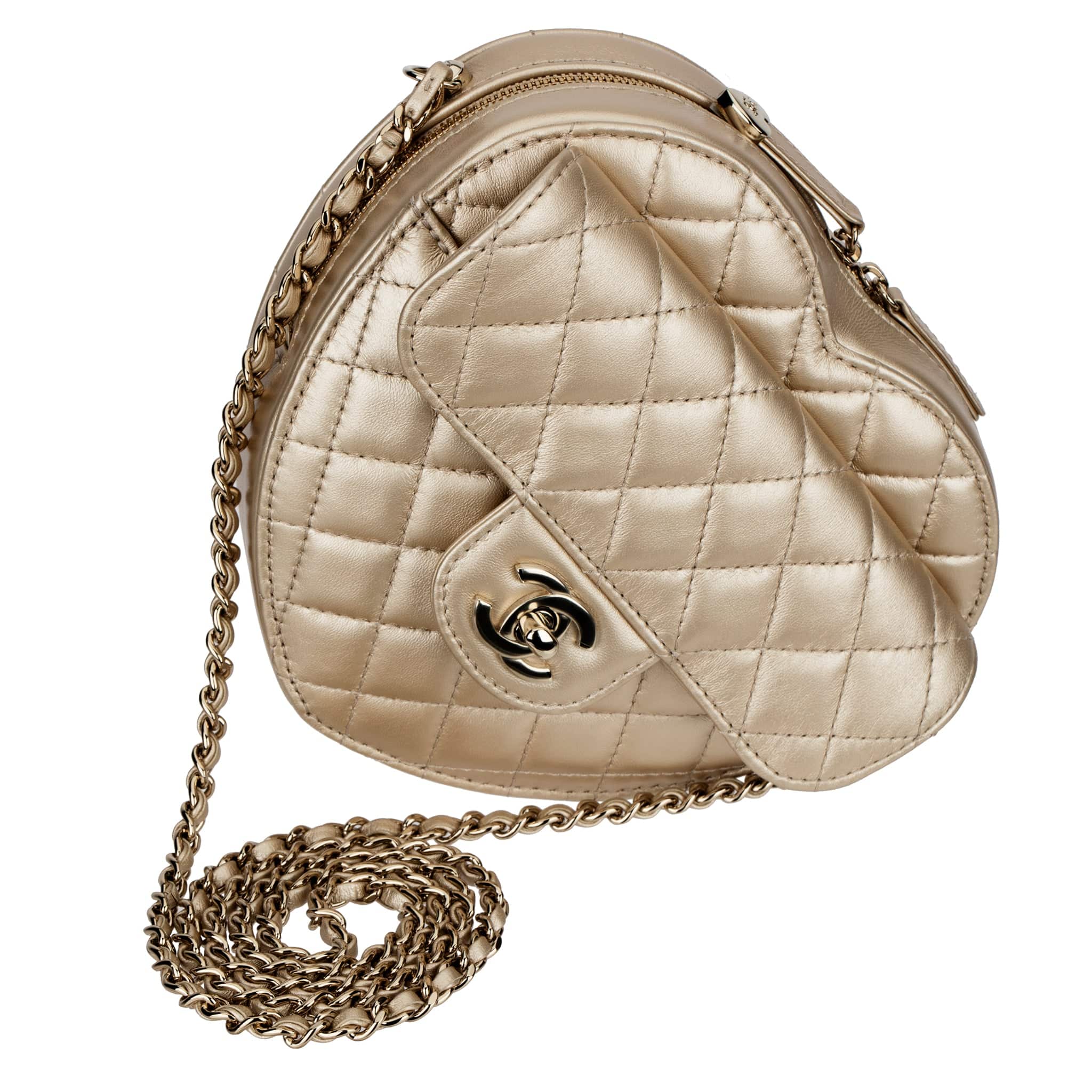 CHANEL METALLIC GOLD LOVE HEART BAG LAMBSKIN LEATHER CHAMPAGNE GOLD HARDWARE - On Repeat