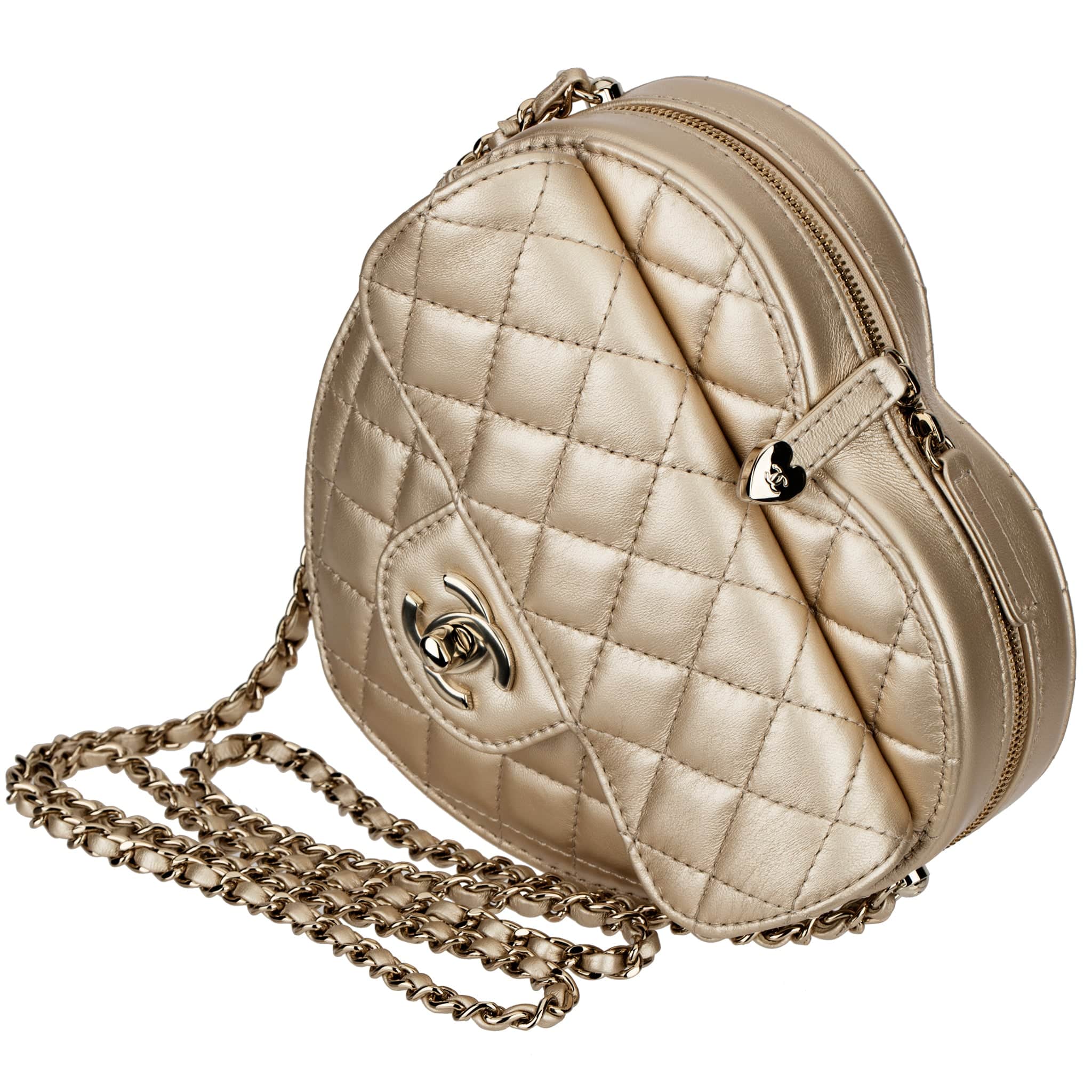 CHANEL METALLIC GOLD LOVE HEART BAG LAMBSKIN LEATHER CHAMPAGNE GOLD HARDWARE - On Repeat