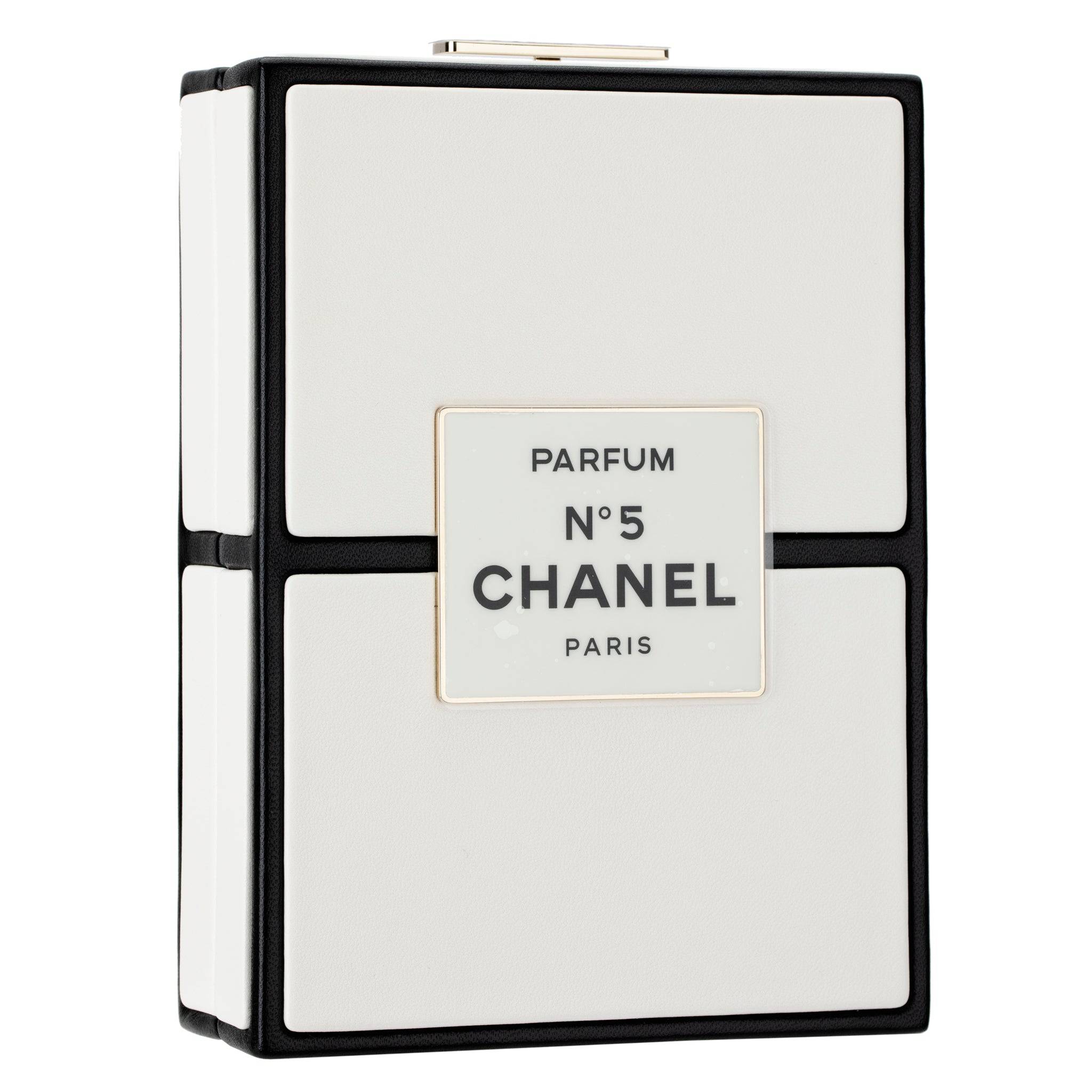 CHANEL MINAUDIÈRE LIMITED EDITION WHITE & BLACK CHANEL NO.5 PERFUME BOX GOLD-TONE HARDWARE - On Repeat