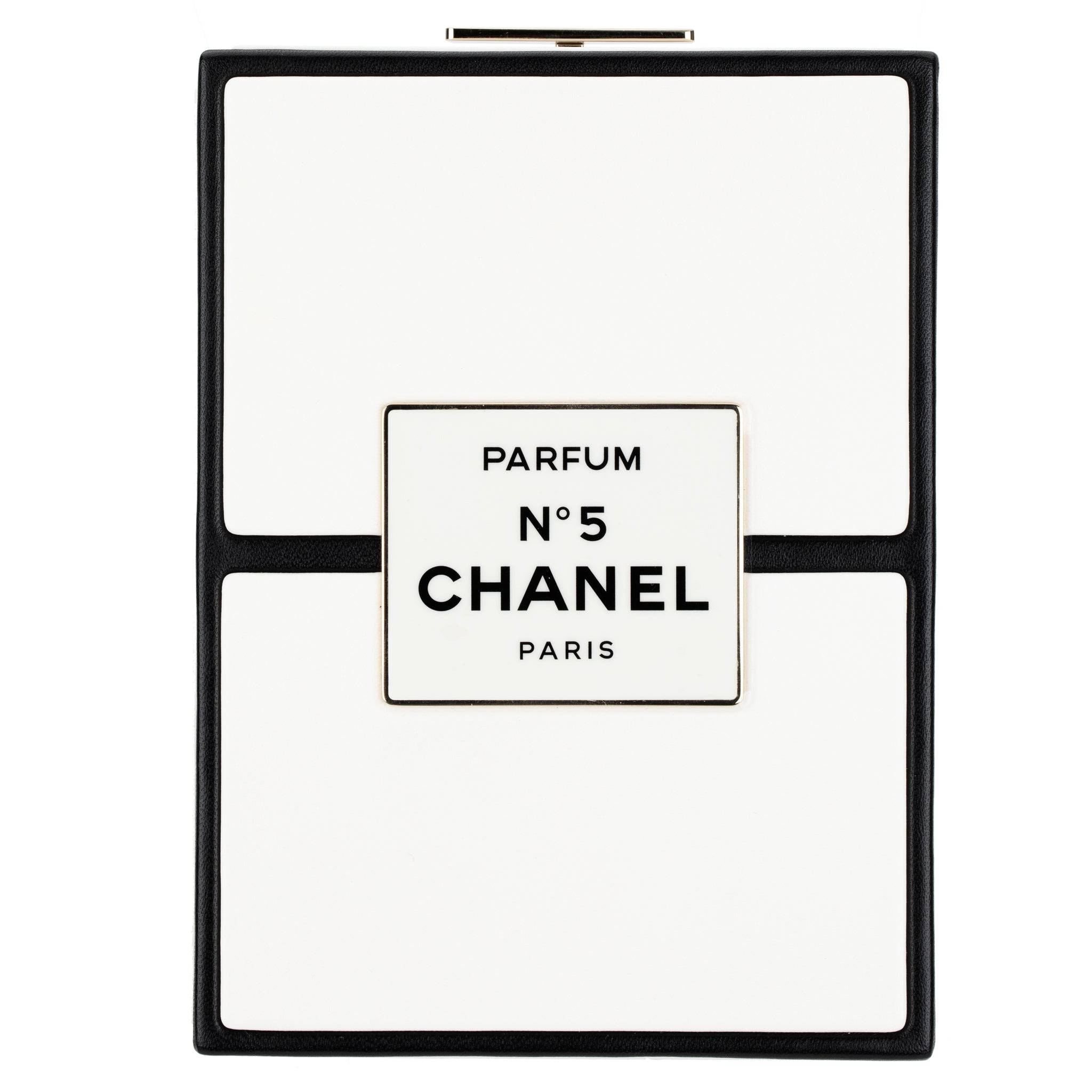 CHANEL MINAUDIÈRE LIMITED EDITION WHITE & BLACK CHANEL NO.5 PERFUME BOX GOLD-TONE HARDWARE - On Repeat