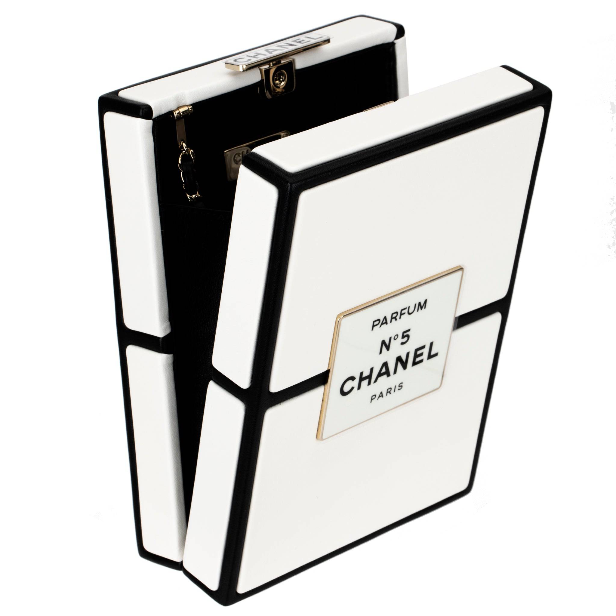 CHANEL MINAUDIÈRE LIMITED EDITION WHITE & BLACK CHANEL NO.5 PERFUME BOX GOLD-TONE HARDWARE - On Repeat