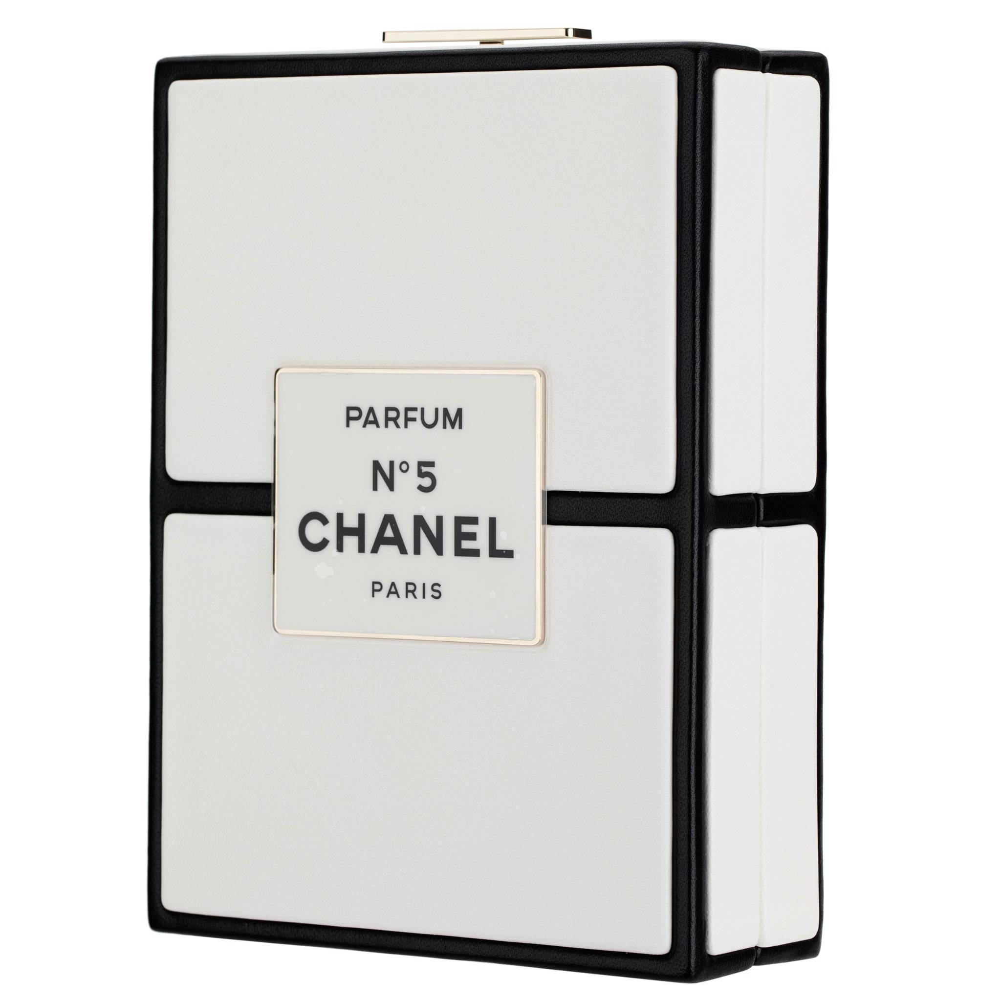 CHANEL MINAUDIÈRE LIMITED EDITION WHITE & BLACK CHANEL NO.5 PERFUME BOX GOLD-TONE HARDWARE - On Repeat