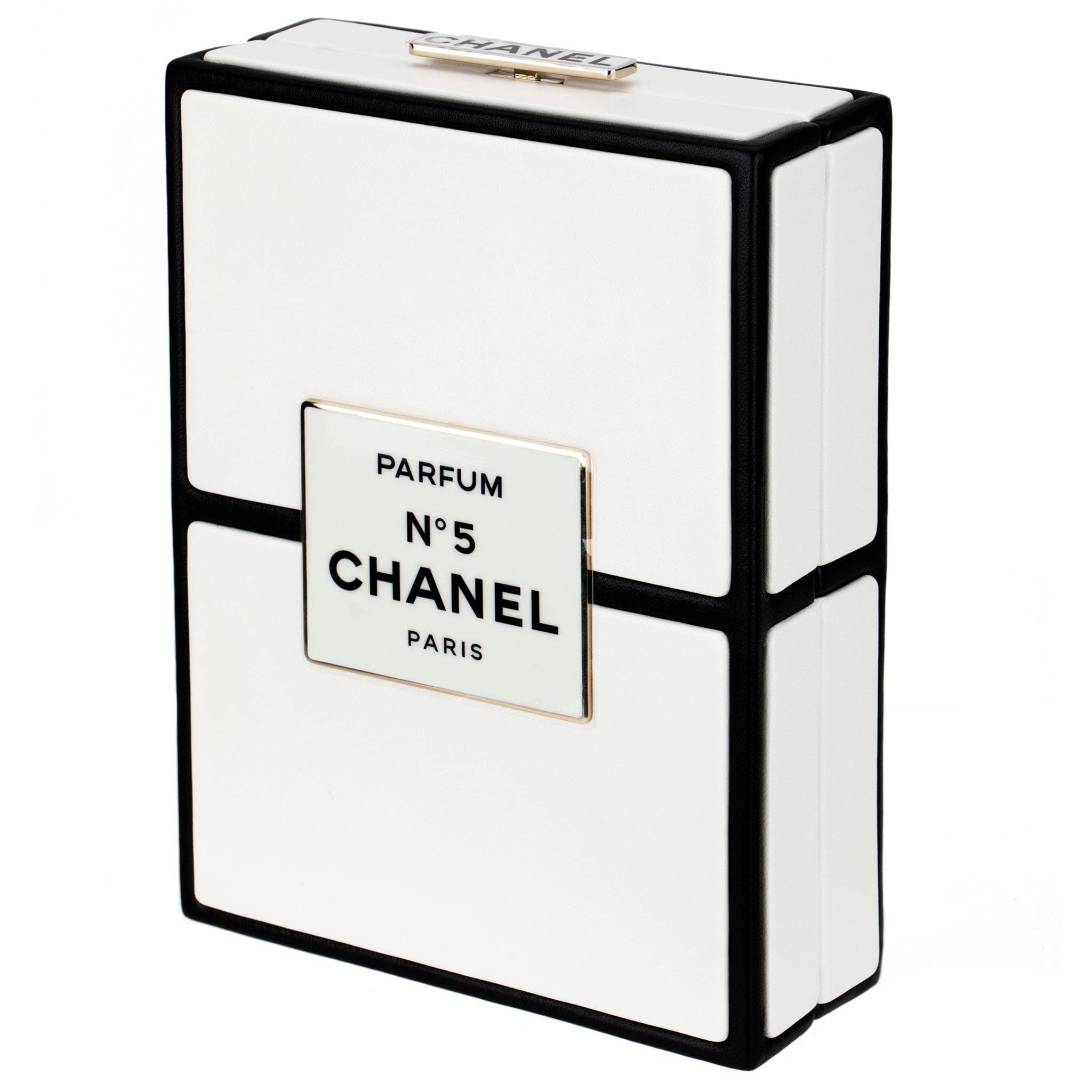 CHANEL MINAUDIÈRE LIMITED EDITION WHITE & BLACK CHANEL NO.5 PERFUME BOX GOLD-TONE HARDWARE - On Repeat