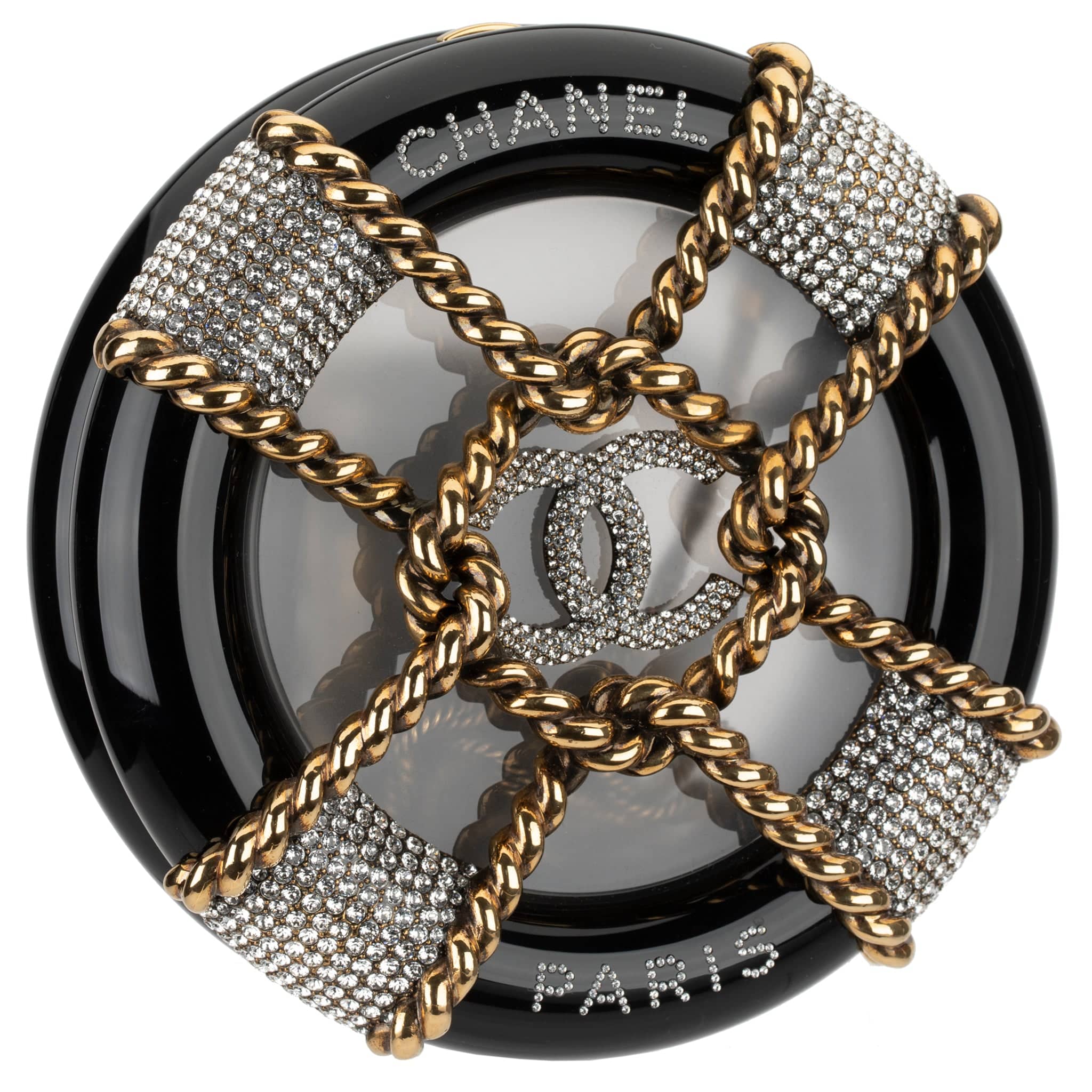 CHANEL MINAUDIÈRE LIMITED EDITION BLACK, GOLD & CLEAR RESCUE WHEEL GOLD-TONE HARDWARE - On Repeat