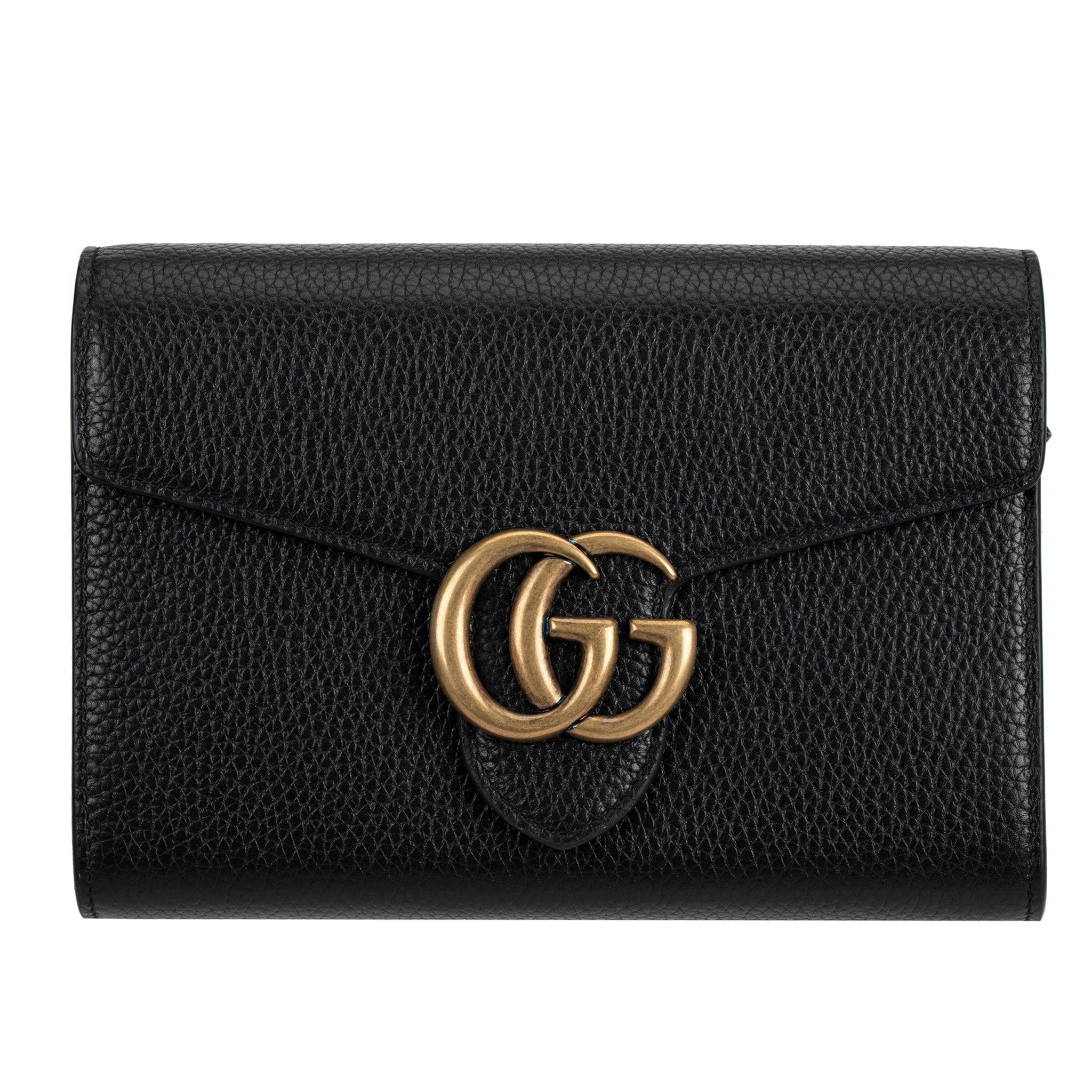 GUCCI MARMONT WALLET ON CHAIN BLACK PEBBLED LEATHER AGED GOLD HARDWARE - On Repeat
