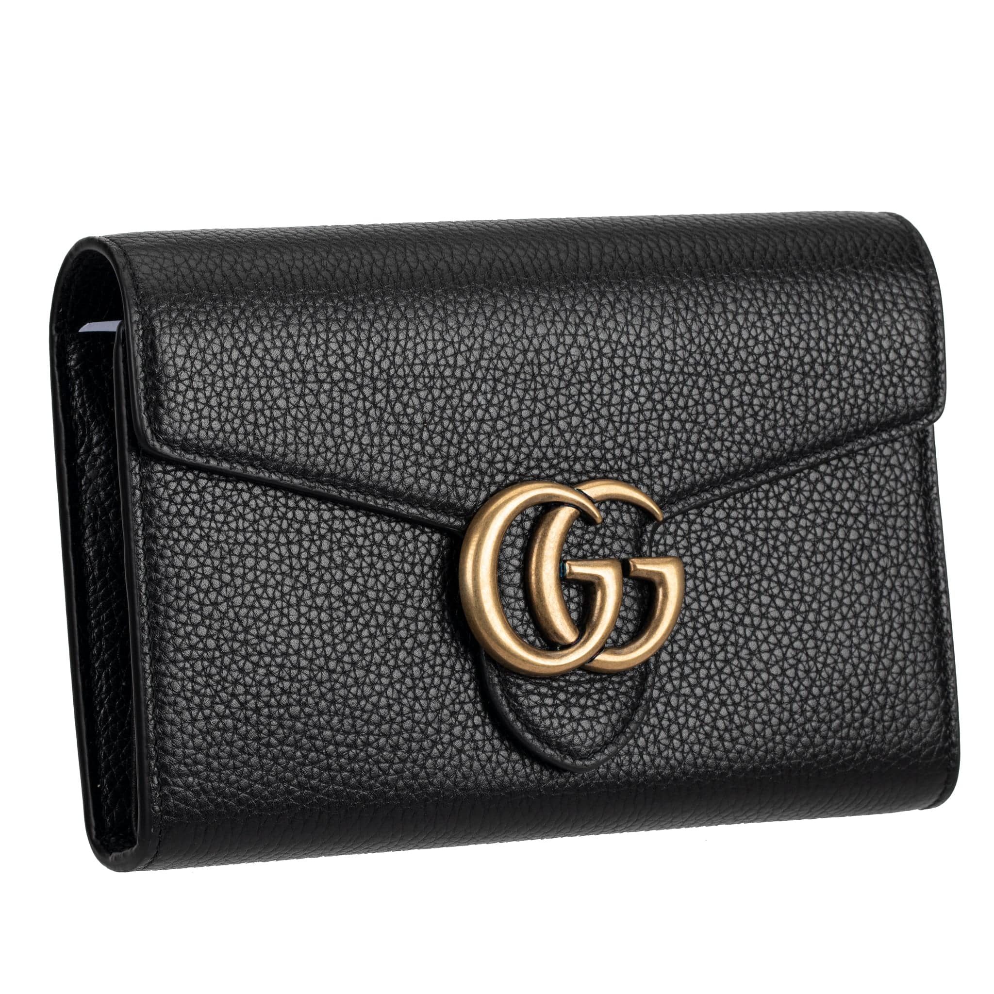 GUCCI MARMONT WALLET ON CHAIN BLACK PEBBLED LEATHER AGED GOLD HARDWARE - On Repeat