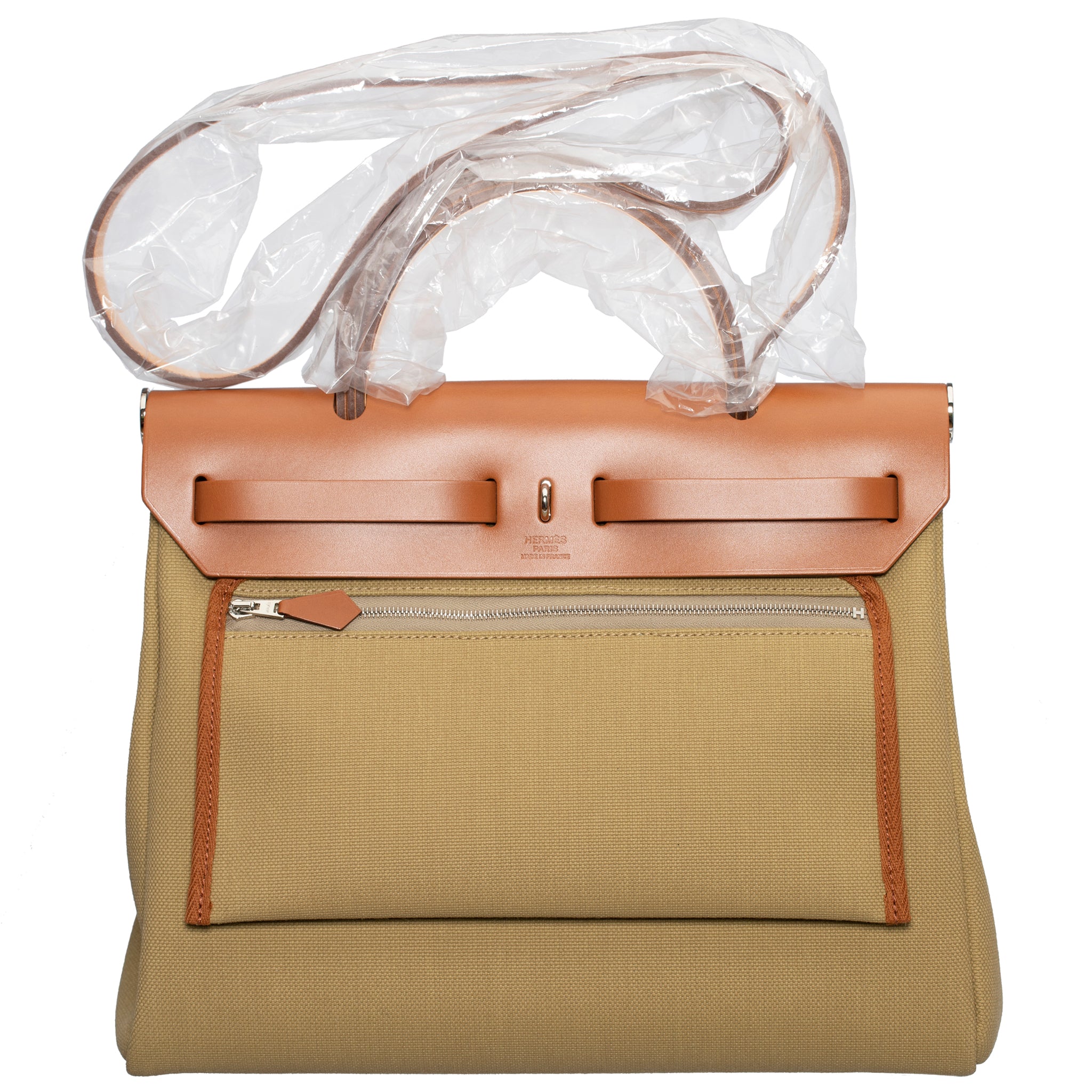 HERMES HERBAG 31CM POUSSIERE & FAUVE TOILE & HUNTER VACHE LEATHER PALLADIUM HARDWARE - On Repeat