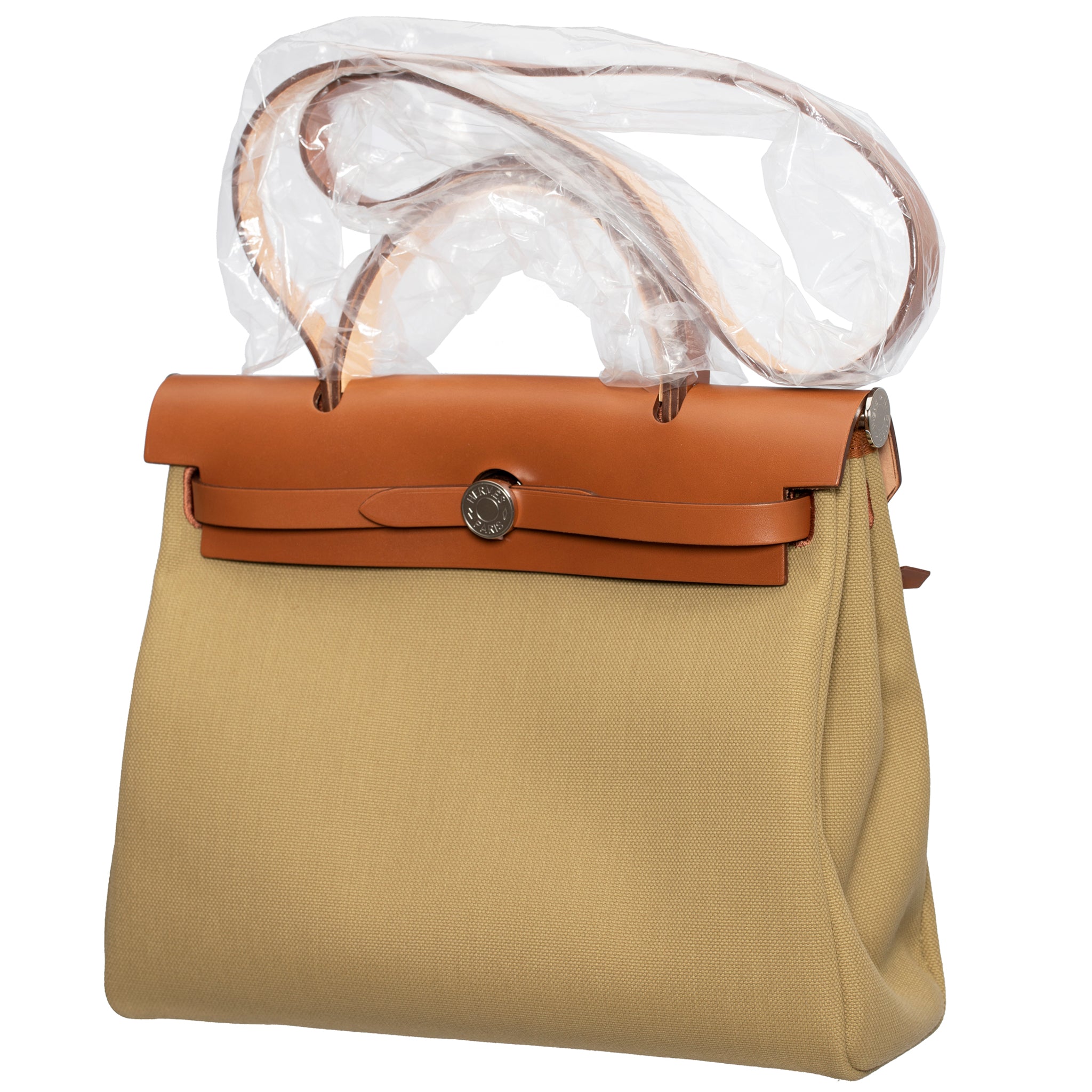 HERMES HERBAG 31CM POUSSIERE & FAUVE TOILE & HUNTER VACHE LEATHER PALLADIUM HARDWARE - On Repeat