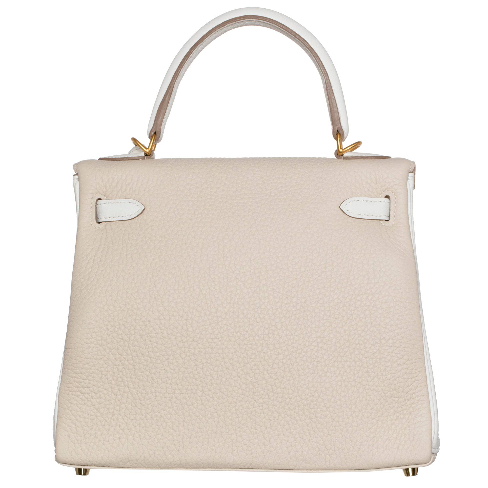 HERMES KELLY 25CM SPECIAL ORDER WHITE & CRAIE CLEMENCE LEATHER BRUSHED GOLD HARDWARE - On Repeat