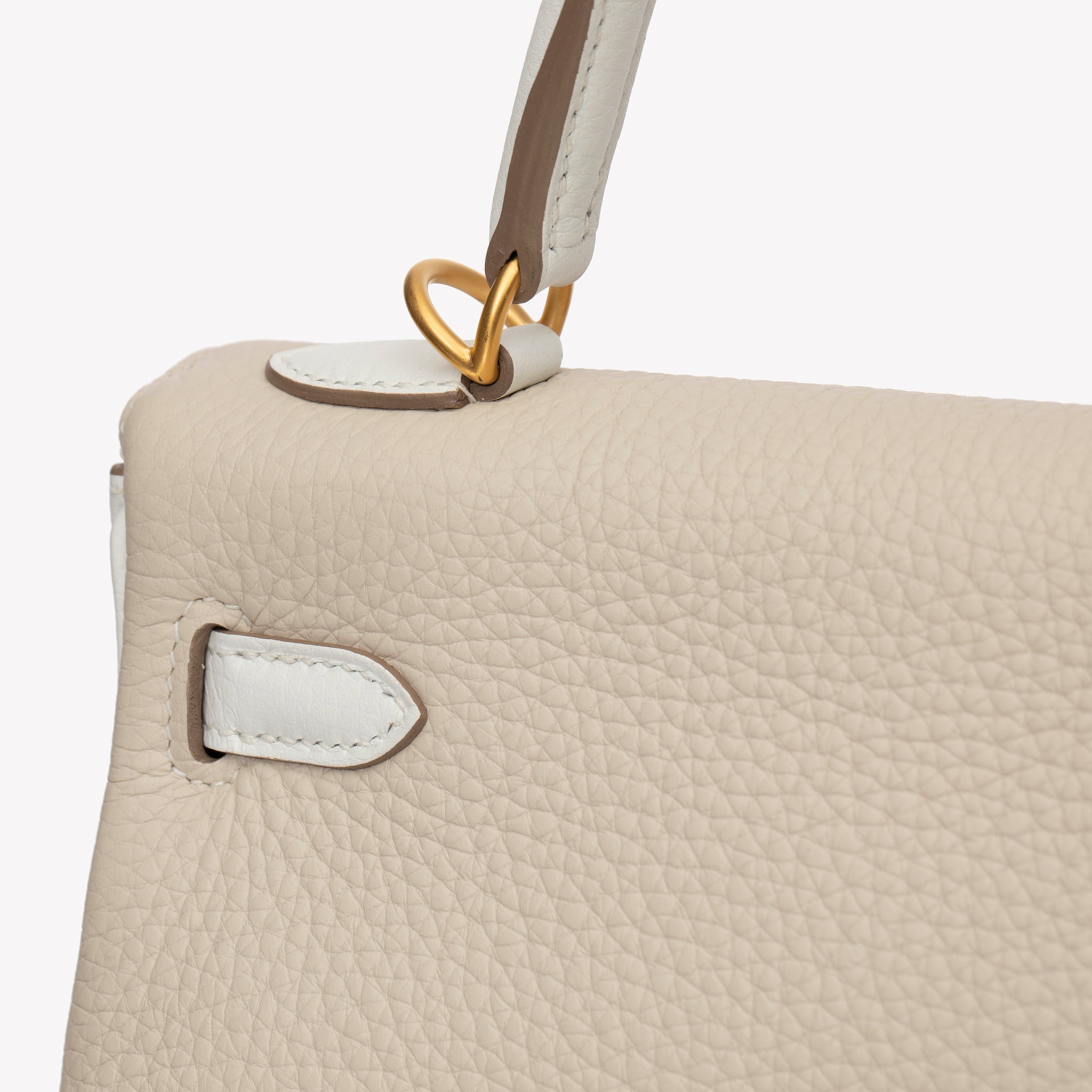 HERMES KELLY 25CM SPECIAL ORDER WHITE & CRAIE CLEMENCE LEATHER BRUSHED GOLD HARDWARE - On Repeat