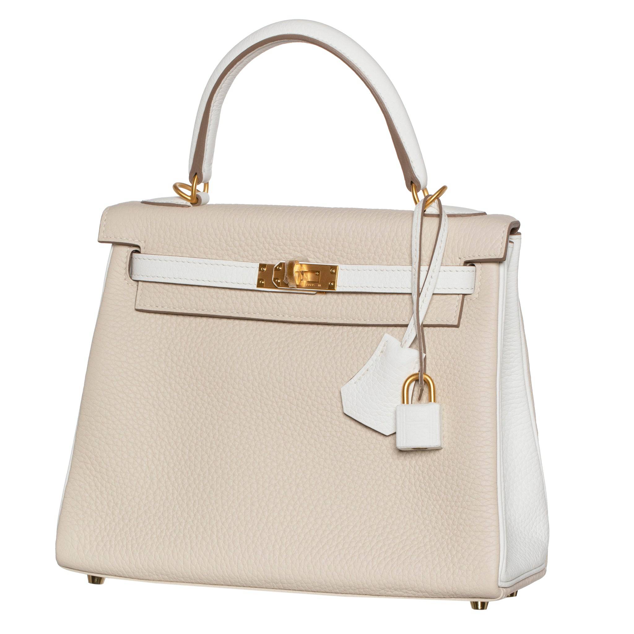 HERMES KELLY 25CM SPECIAL ORDER WHITE & CRAIE CLEMENCE LEATHER BRUSHED GOLD HARDWARE - On Repeat