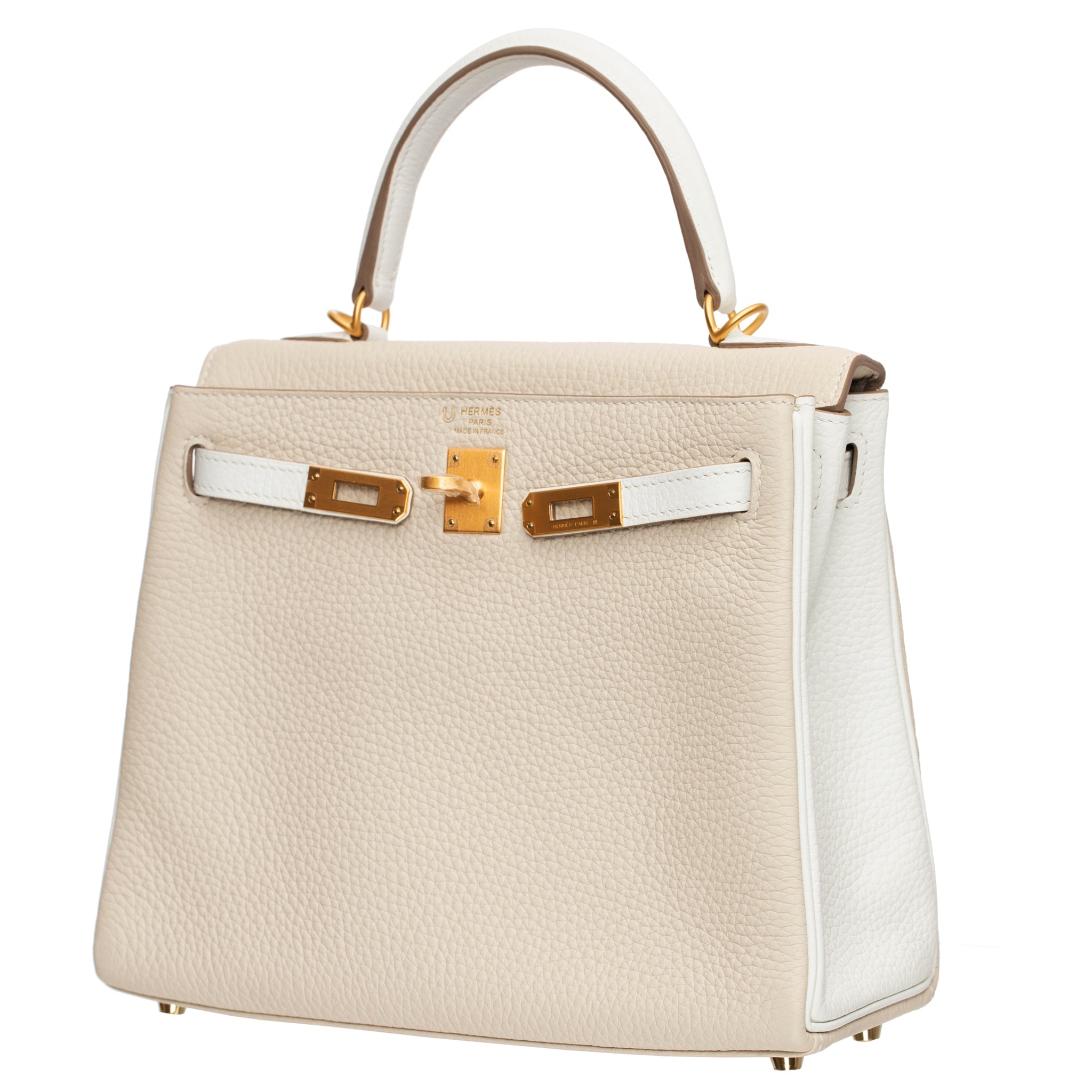 HERMES KELLY 25CM SPECIAL ORDER WHITE & CRAIE CLEMENCE LEATHER BRUSHED GOLD HARDWARE - On Repeat