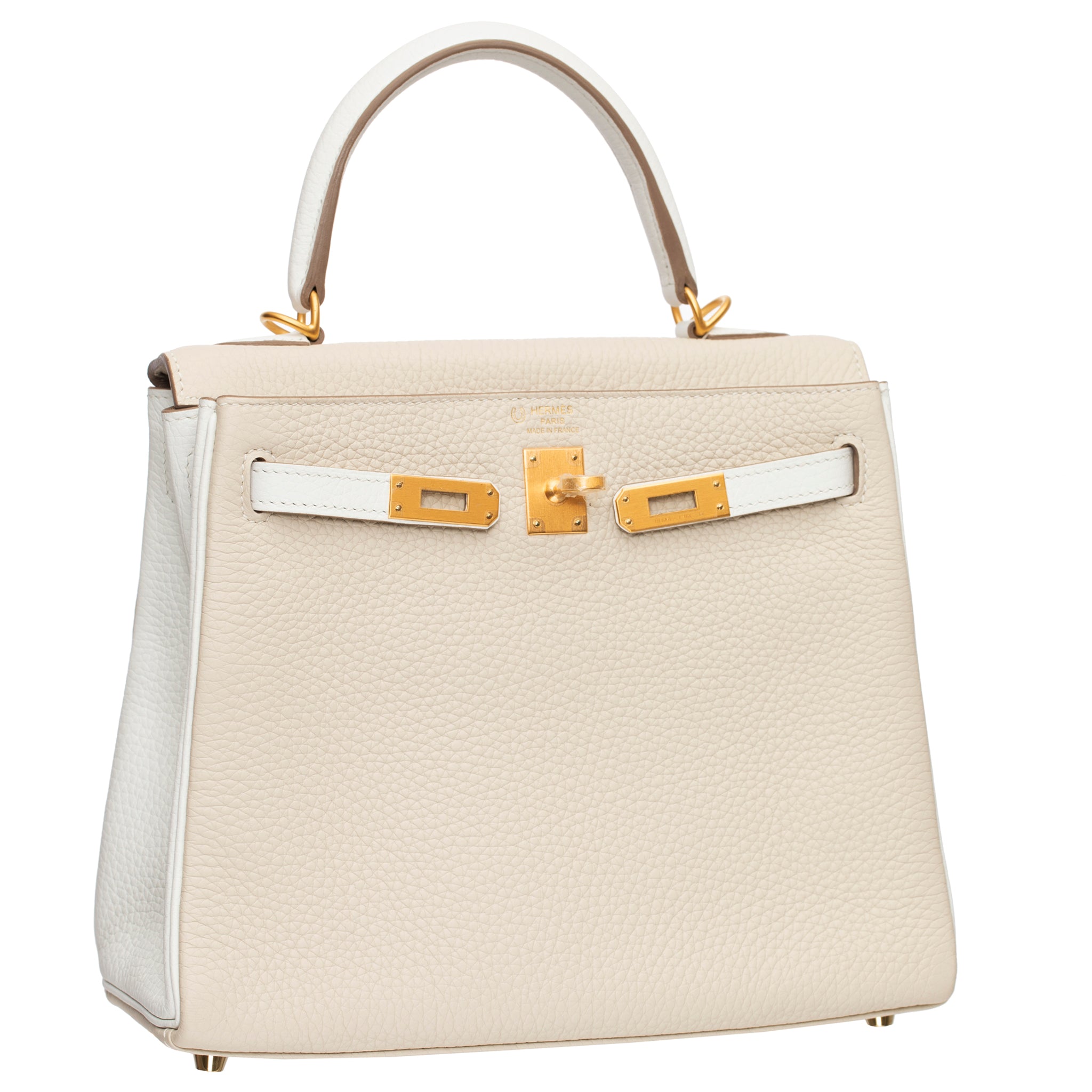 HERMES KELLY 25CM SPECIAL ORDER WHITE & CRAIE CLEMENCE LEATHER BRUSHED GOLD HARDWARE - On Repeat