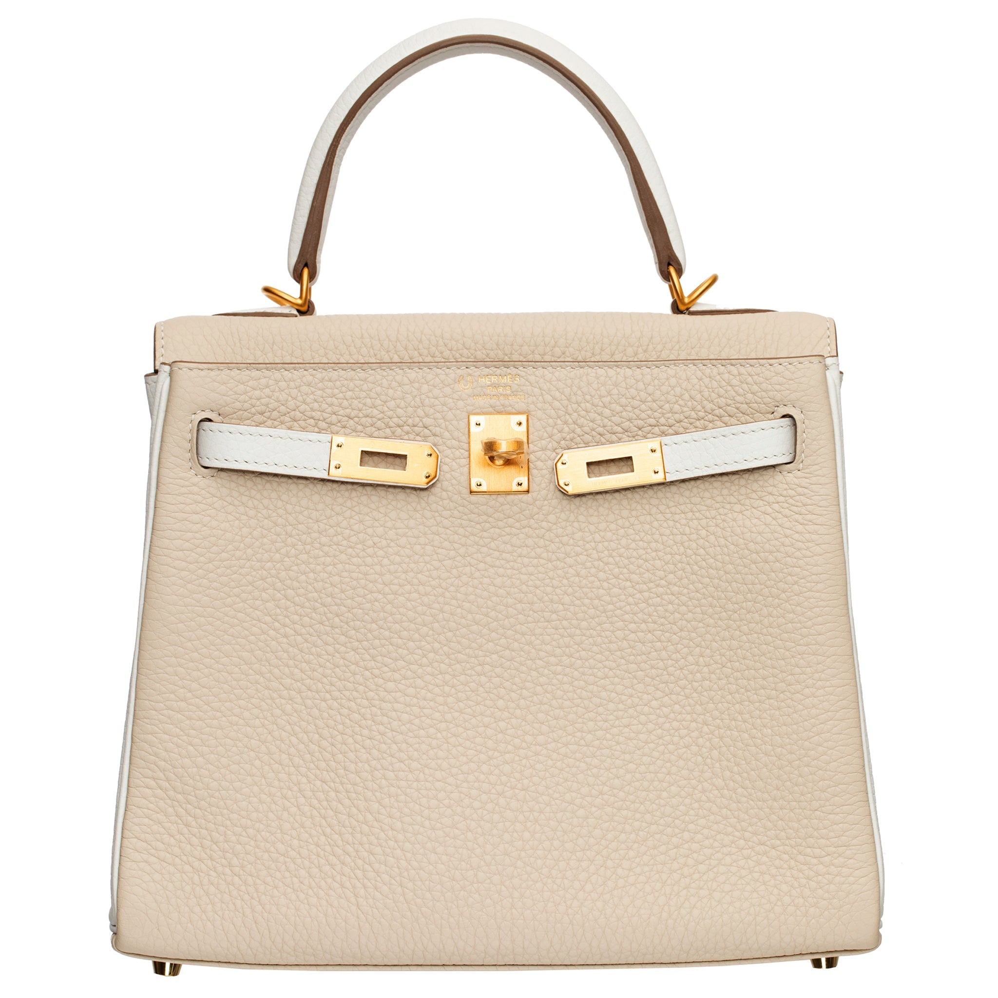 HERMES KELLY 25CM SPECIAL ORDER WHITE & CRAIE CLEMENCE LEATHER BRUSHED GOLD HARDWARE - On Repeat