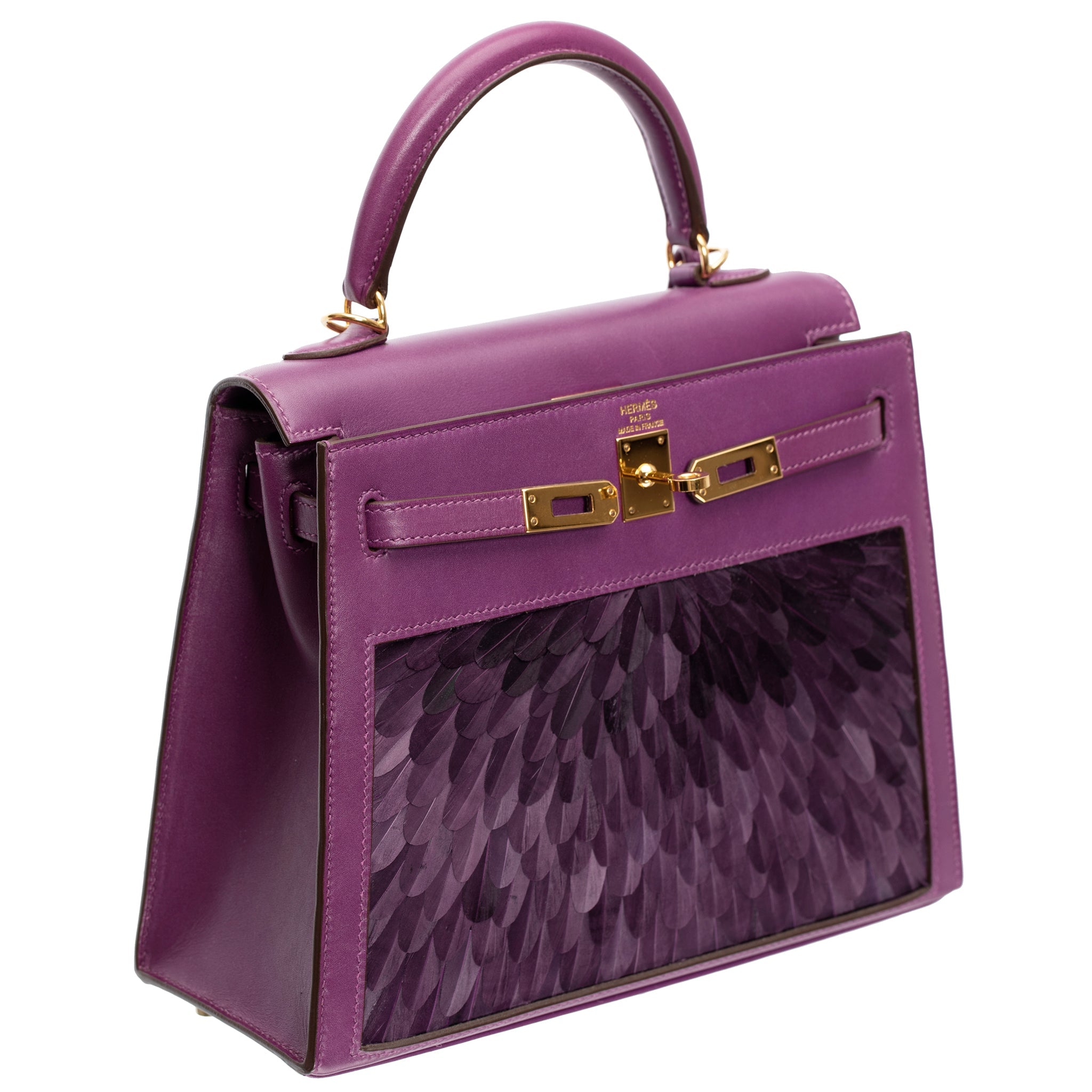 HERMES KELLY 25CM SELLIER VIOLET CUSTOM FEATHER TADELAKT LEATHER GOLD HARDWARE - On Repeat